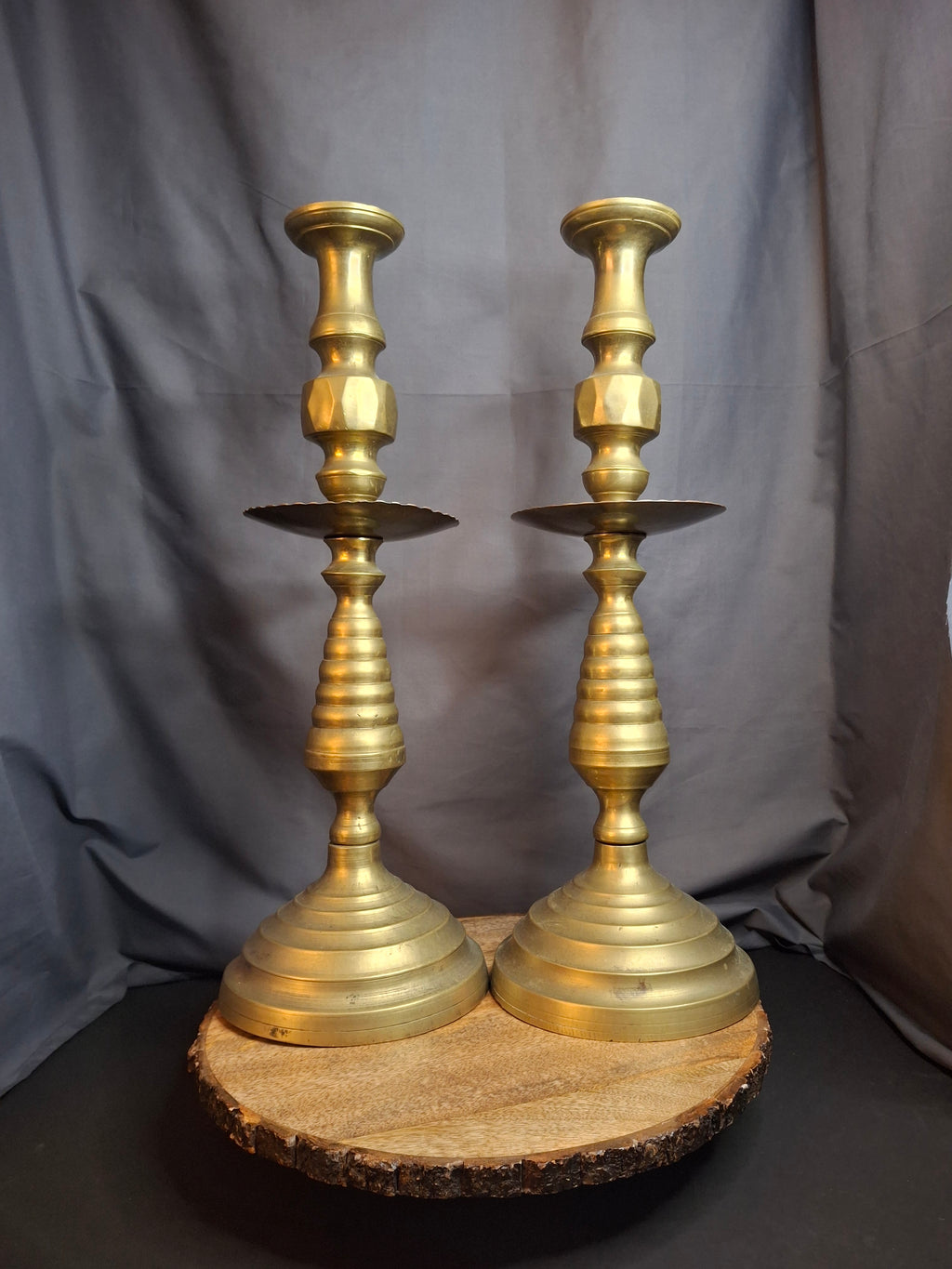 Monumental 19" Antique Brass Synagogue Shabbat Candlesticks - 19th Century