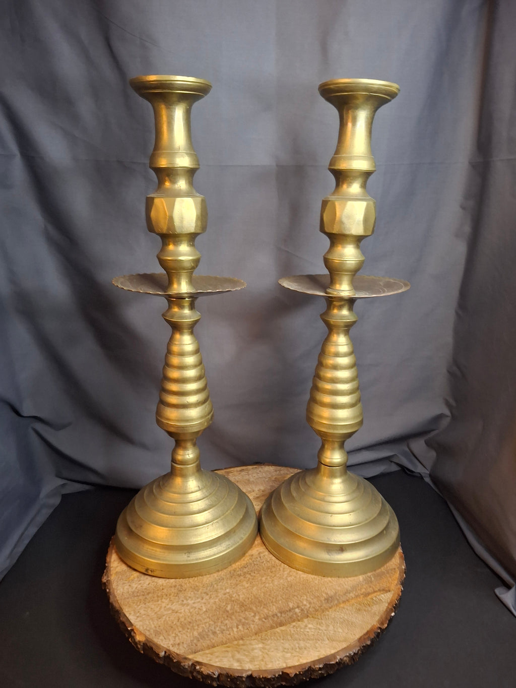 Monumental 19" Antique Brass Synagogue Shabbat Candlesticks - 19th Century