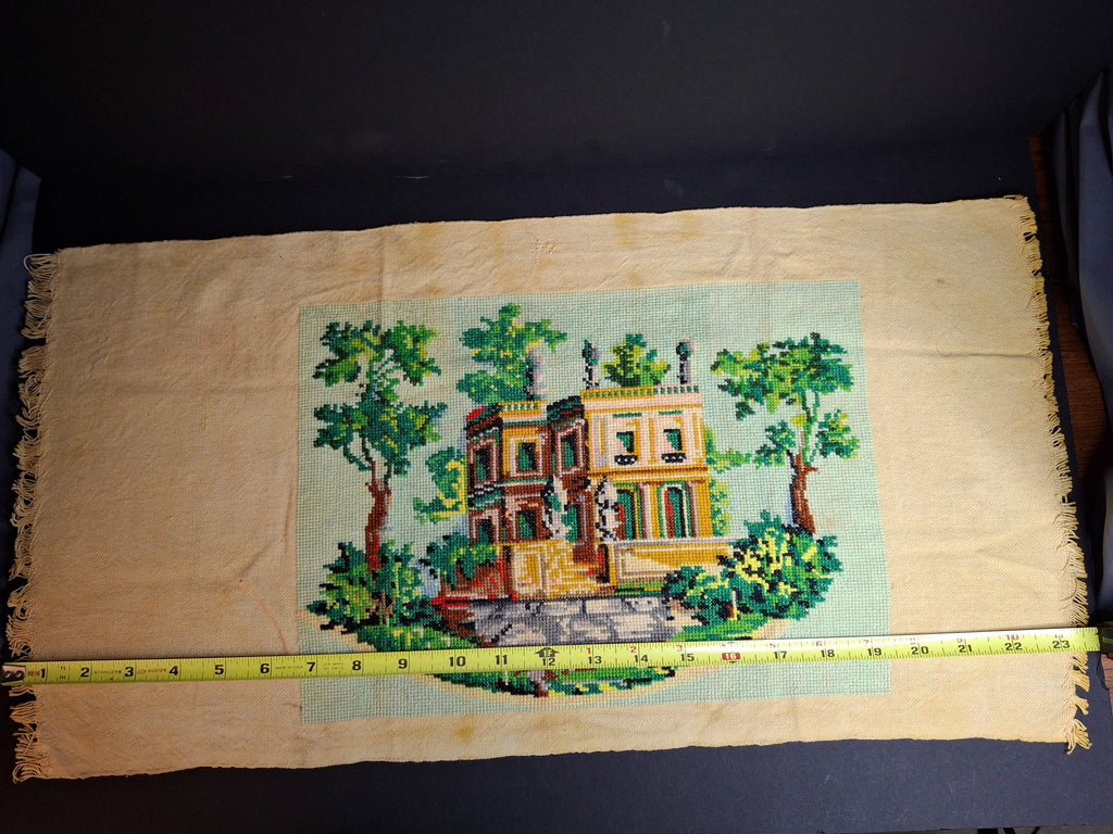 Vintage Mid Century Cross Stitch Needlepoint European Villa Estate Textile Art