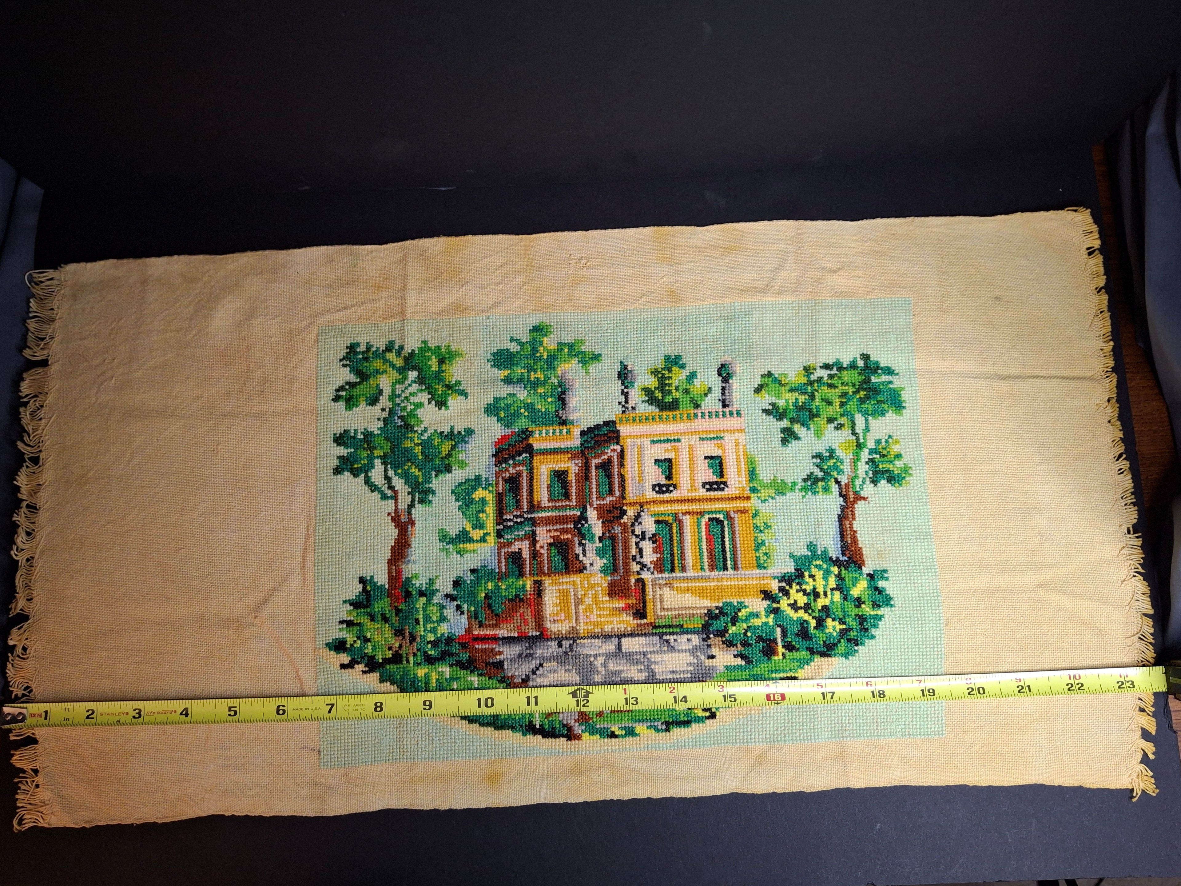 Vintage Mid Century Cross Stitch Needlepoint European Villa Estate Textile Art