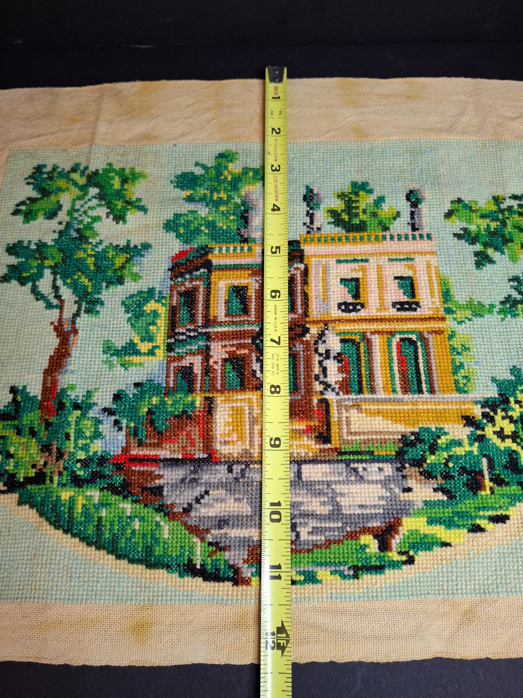Vintage Mid Century Cross Stitch Needlepoint European Villa Estate Textile Art