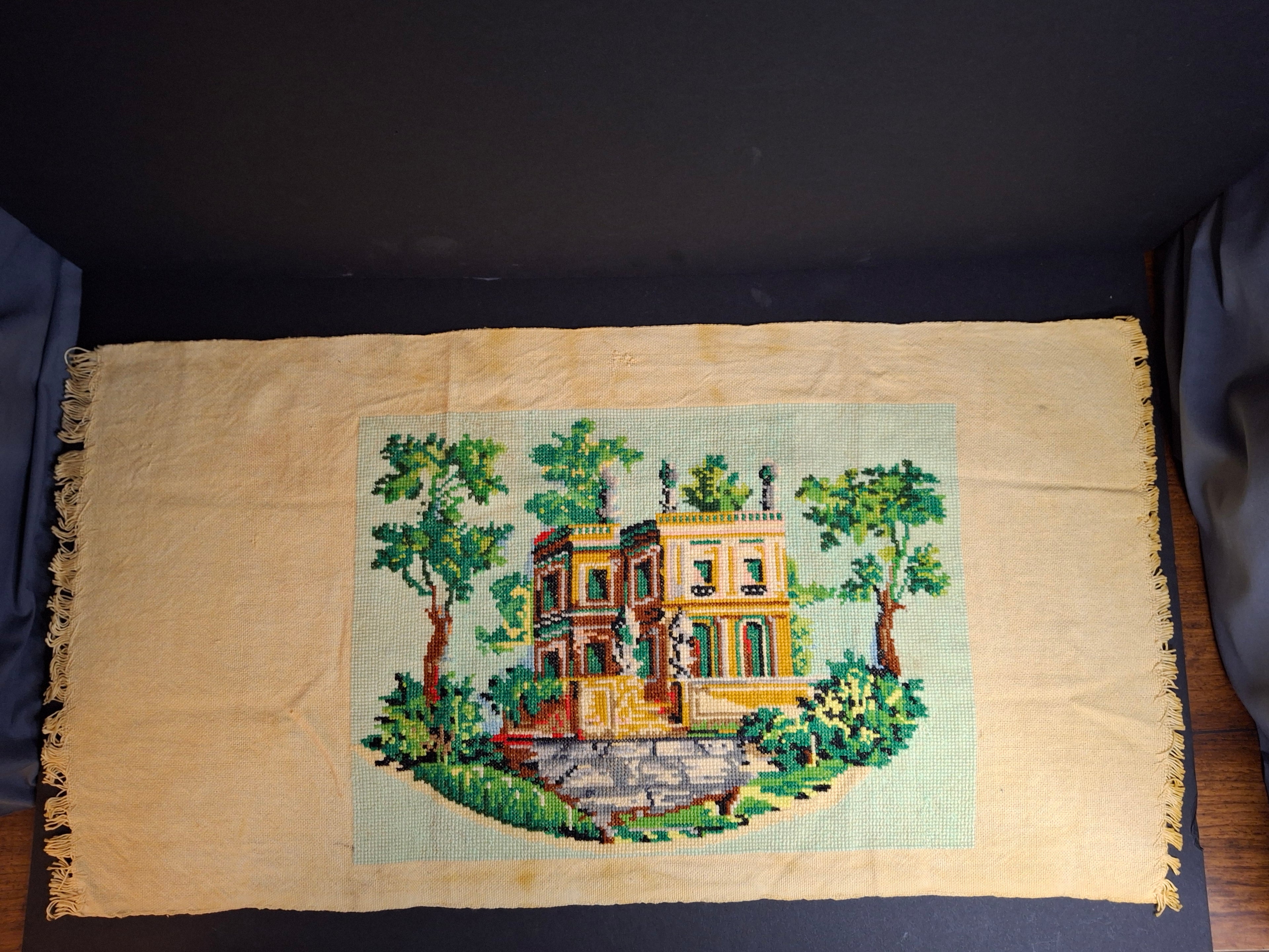 Vintage Mid Century Cross Stitch Needlepoint European Villa Estate Textile Art