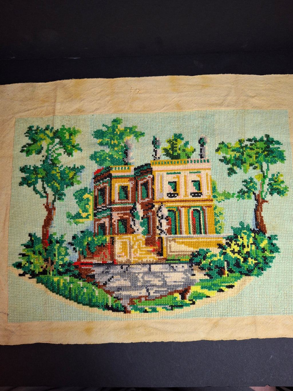Vintage Mid Century Cross Stitch Needlepoint European Villa Estate Textile Art