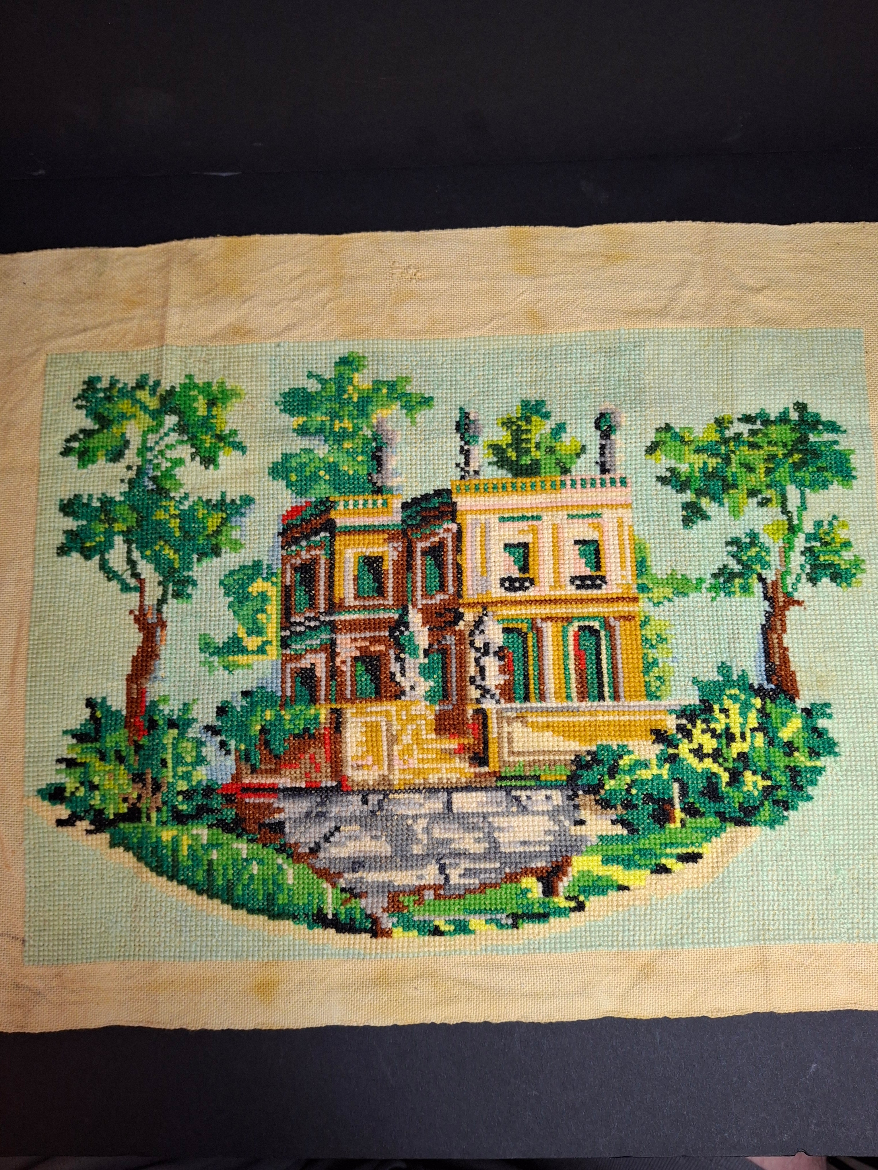 Vintage Mid Century Cross Stitch Needlepoint European Villa Estate Textile Art
