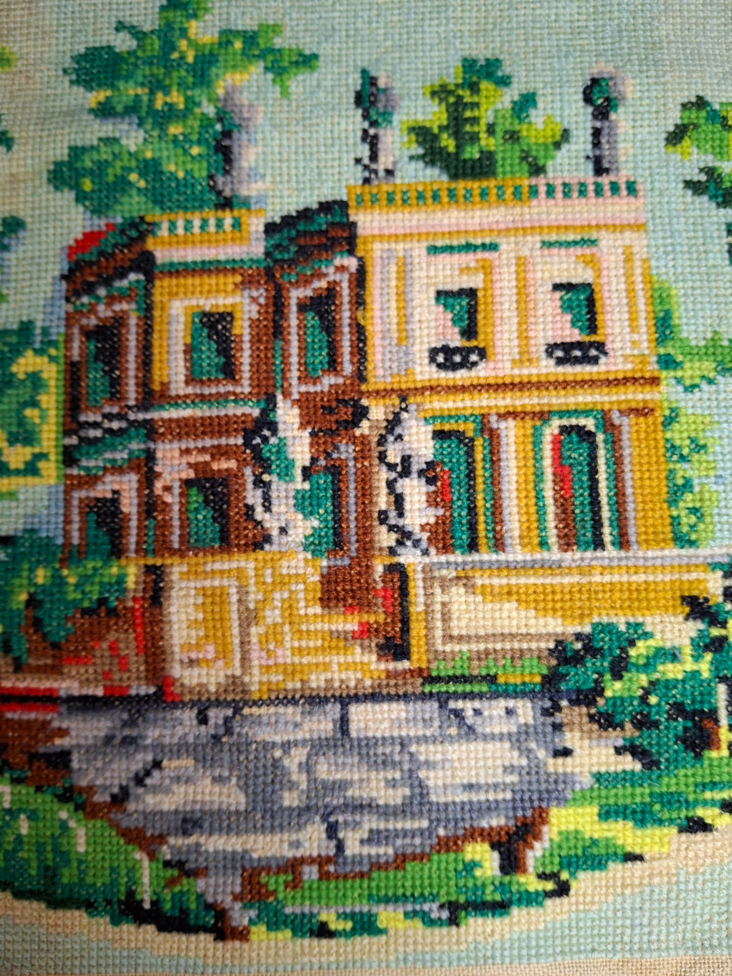 Vintage Mid Century Cross Stitch Needlepoint European Villa Estate Textile Art