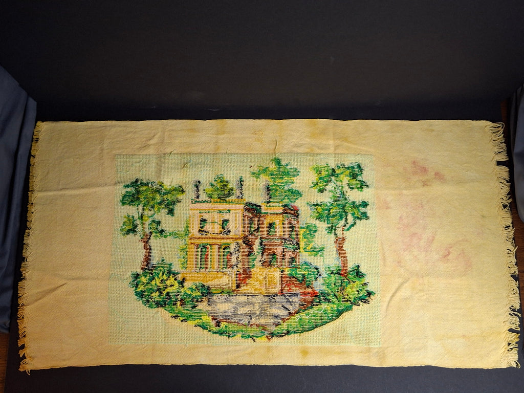Vintage Mid Century Cross Stitch Needlepoint European Villa Estate Textile Art