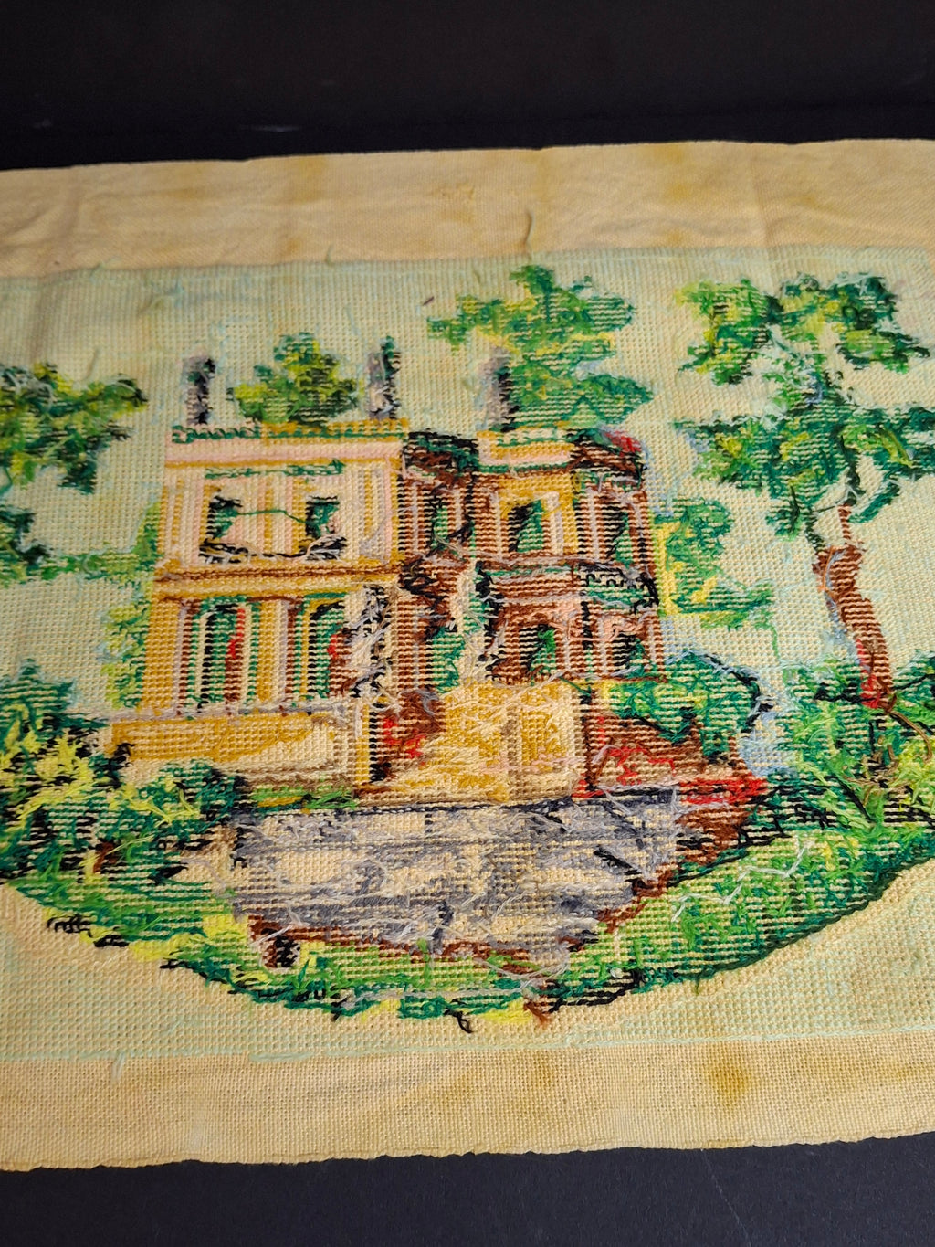 Vintage Mid Century Cross Stitch Needlepoint European Villa Estate Textile Art