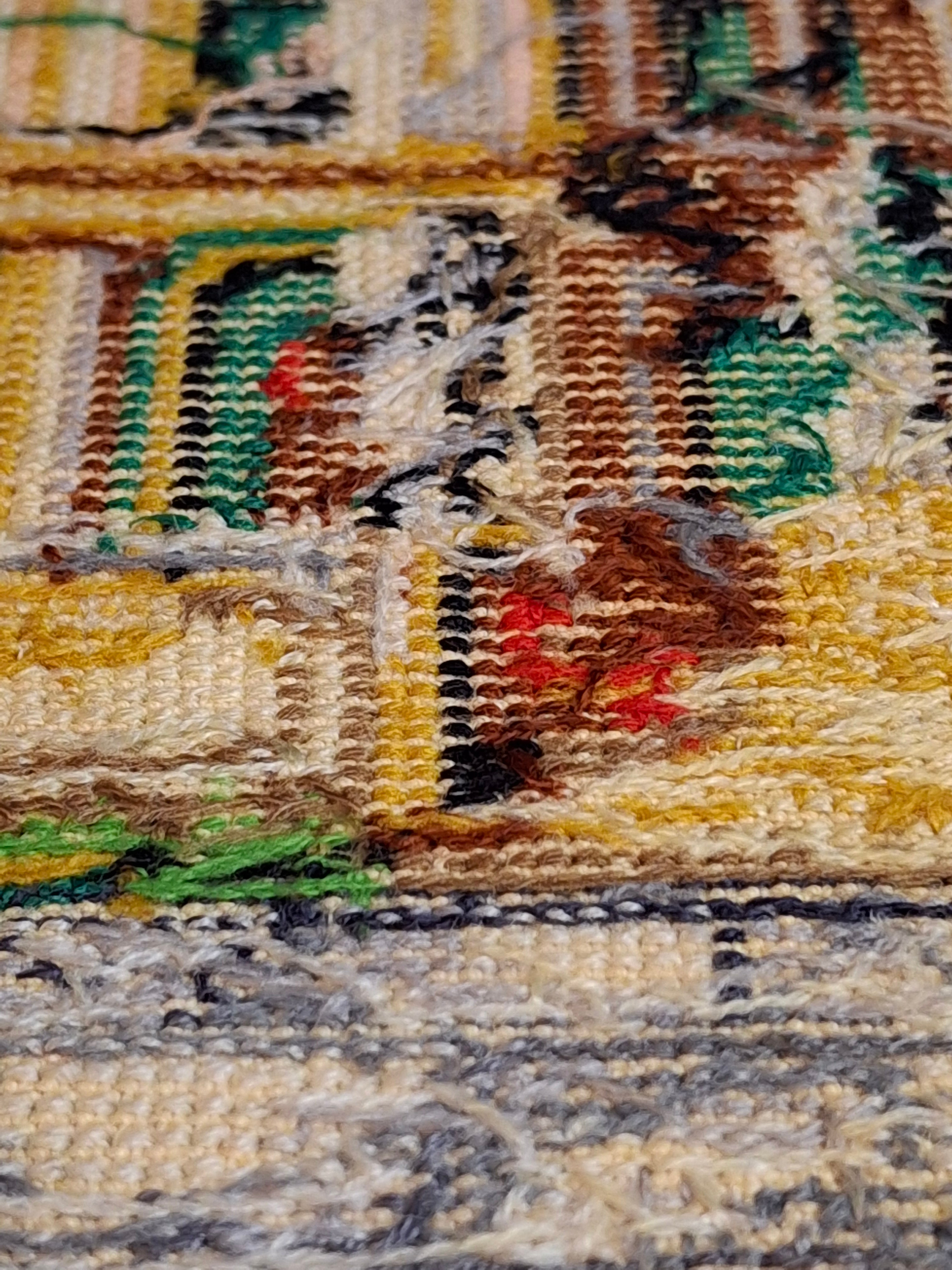 Vintage Mid Century Cross Stitch Needlepoint European Villa Estate Textile Art