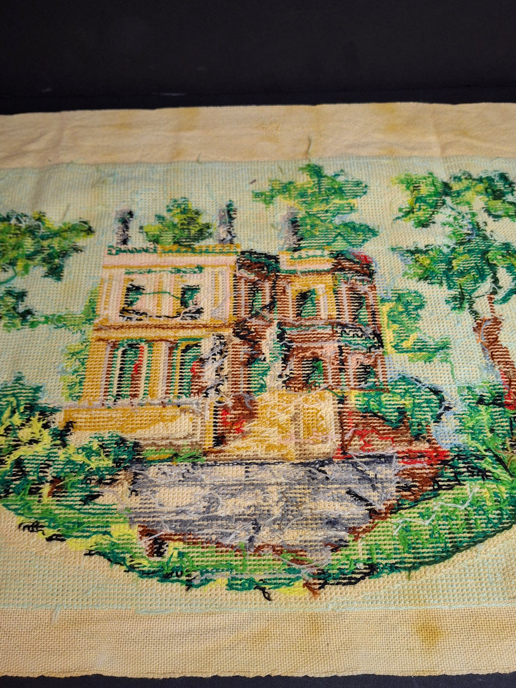 Vintage Mid Century Cross Stitch Needlepoint European Villa Estate Textile Art