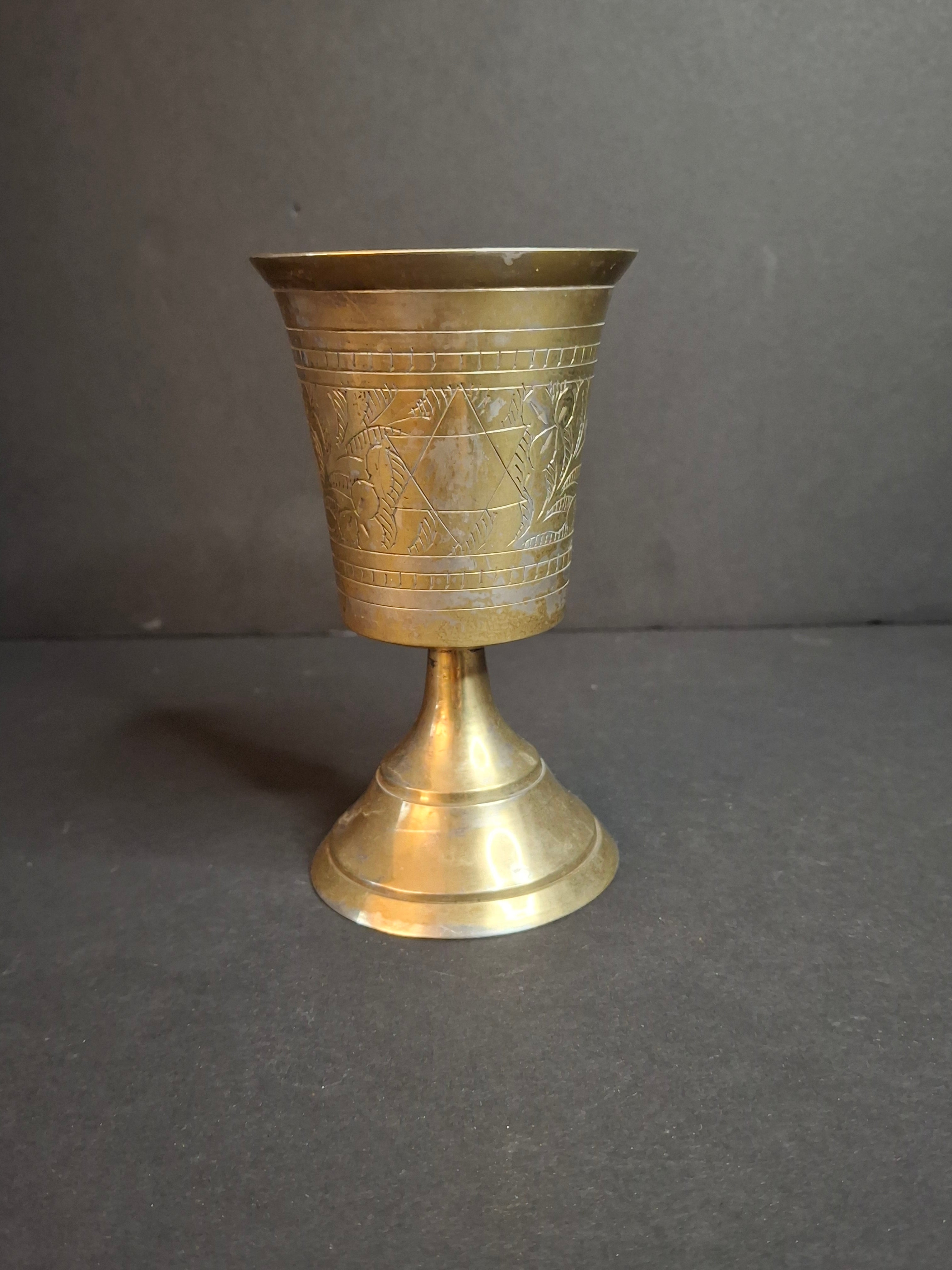 Vintage Engraved Brass Kiddush Cup | Star of David Ceremonial Wine Goblet | Traditional Judaica