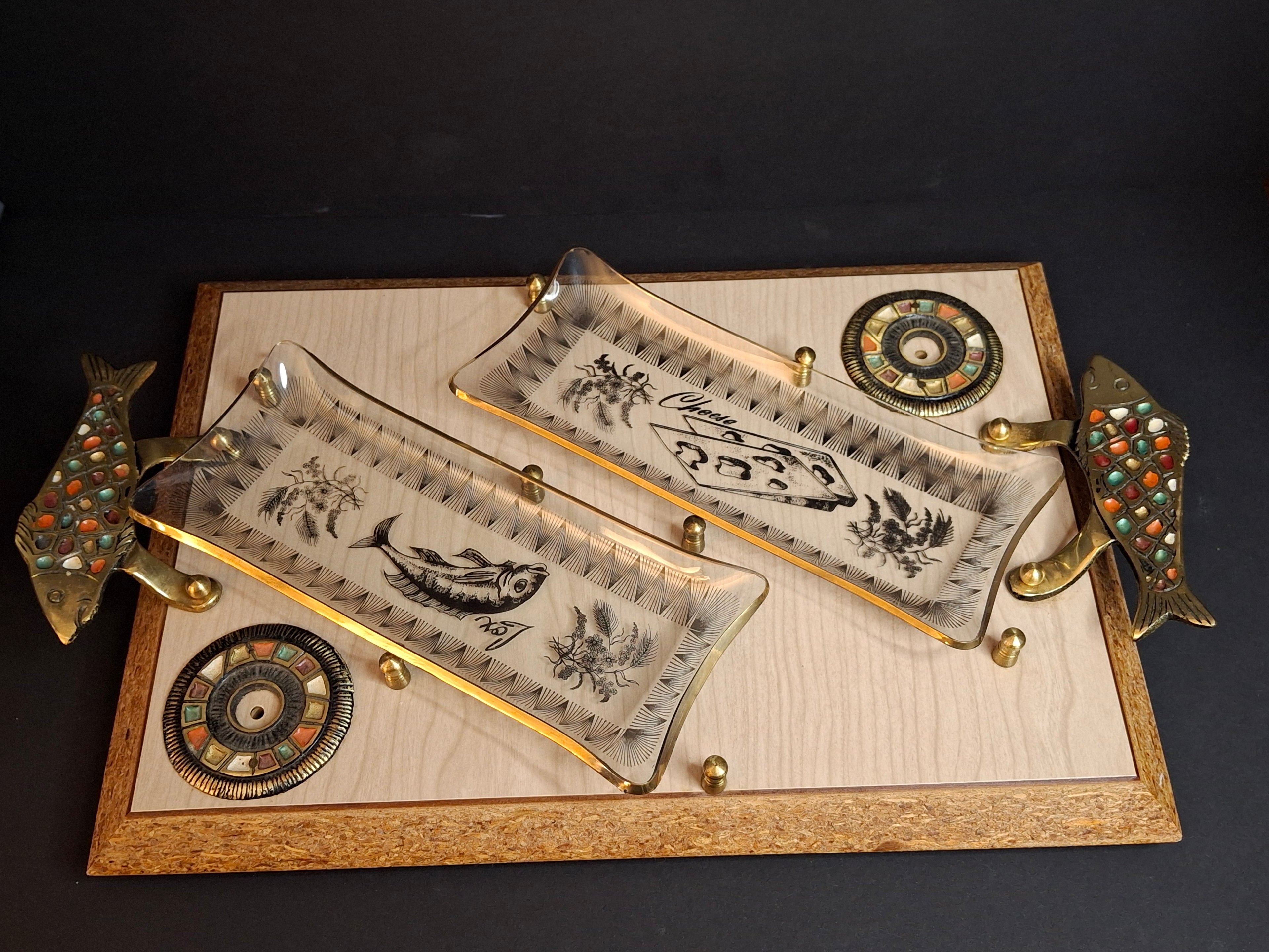 Vintage Mid-Century Israeli Bagel Lox & Cheese Serving Tray Brass Fish Handles