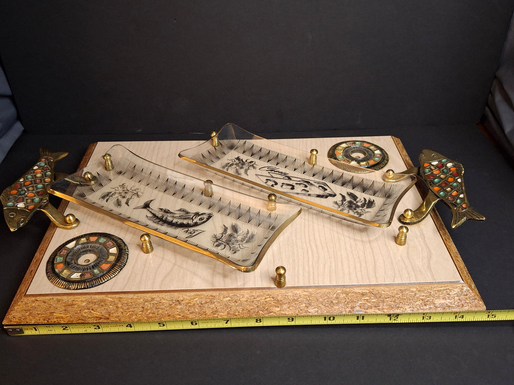 Vintage Mid-Century Israeli Bagel Lox & Cheese Serving Tray Brass Fish Handles