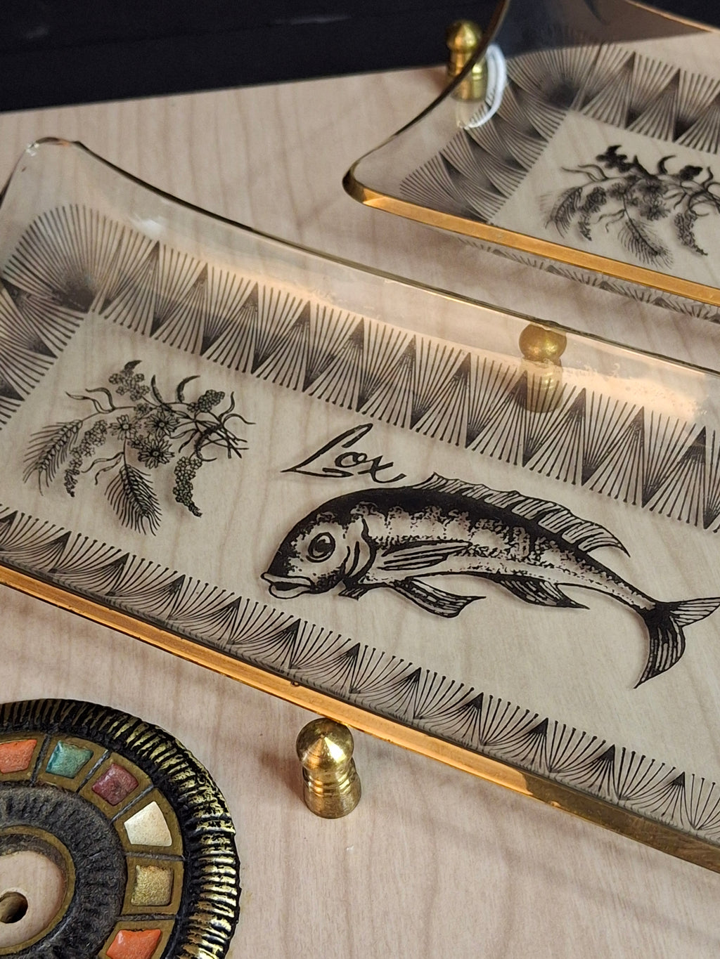 Vintage Mid-Century Israeli Bagel Lox & Cheese Serving Tray Brass Fish Handles