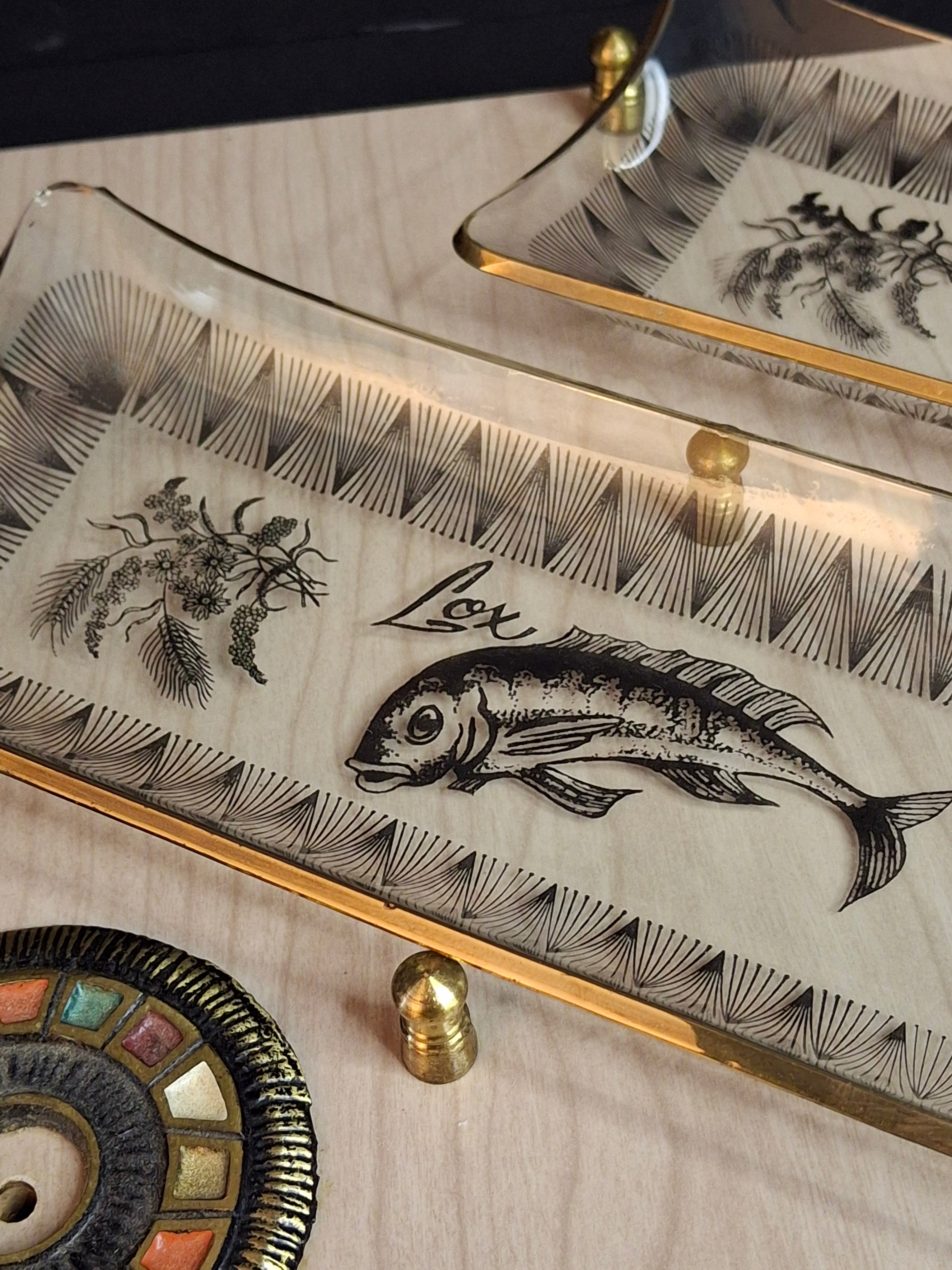 Vintage Mid-Century Israeli Bagel Lox & Cheese Serving Tray Brass Fish Handles