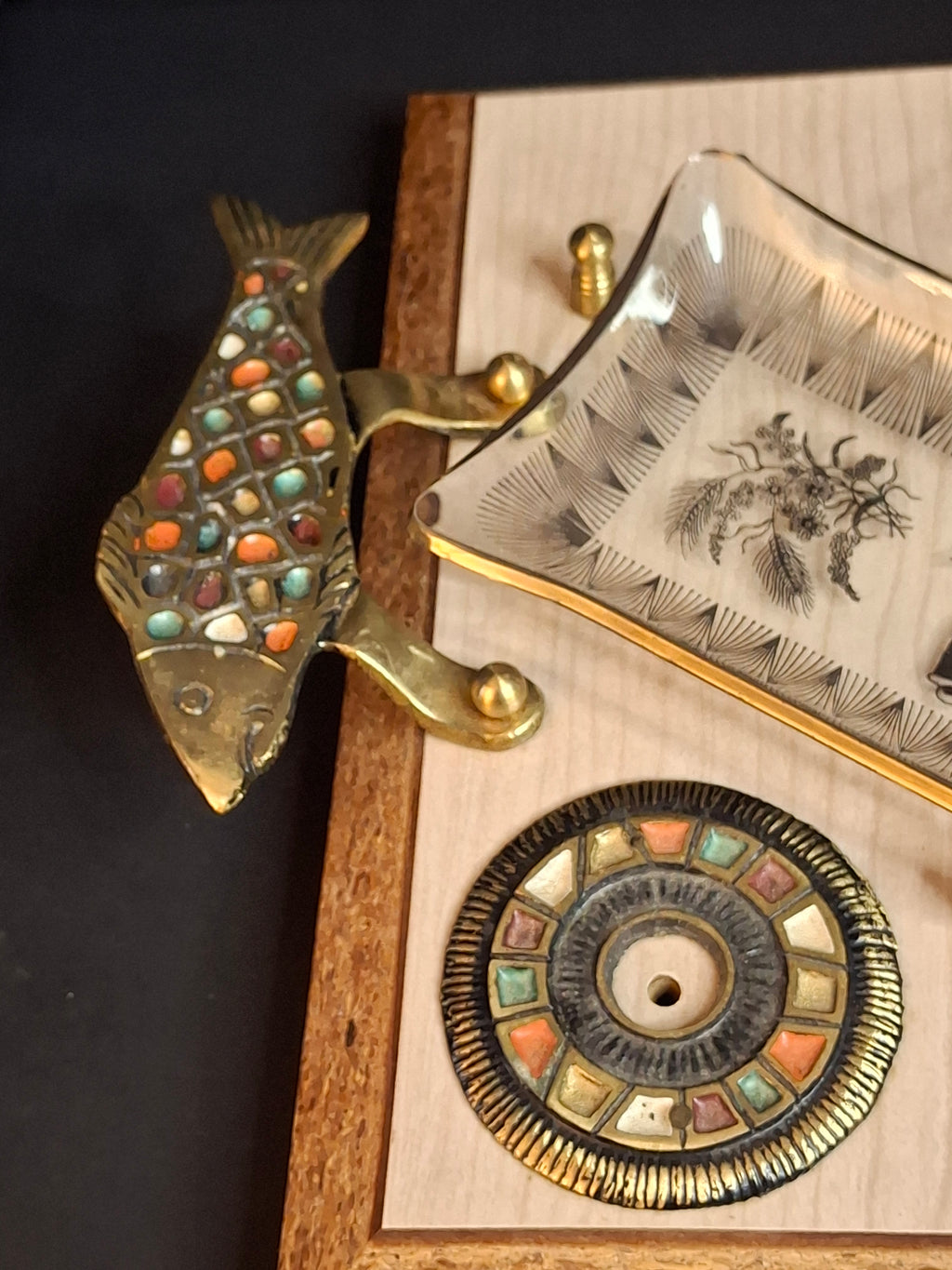 Vintage Mid-Century Israeli Bagel Lox & Cheese Serving Tray Brass Fish Handles