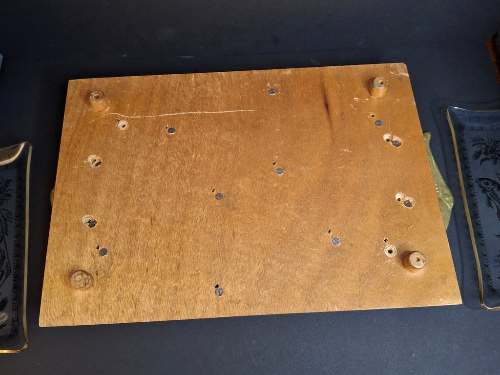 Vintage Mid-Century Israeli Bagel Lox & Cheese Serving Tray Brass Fish Handles