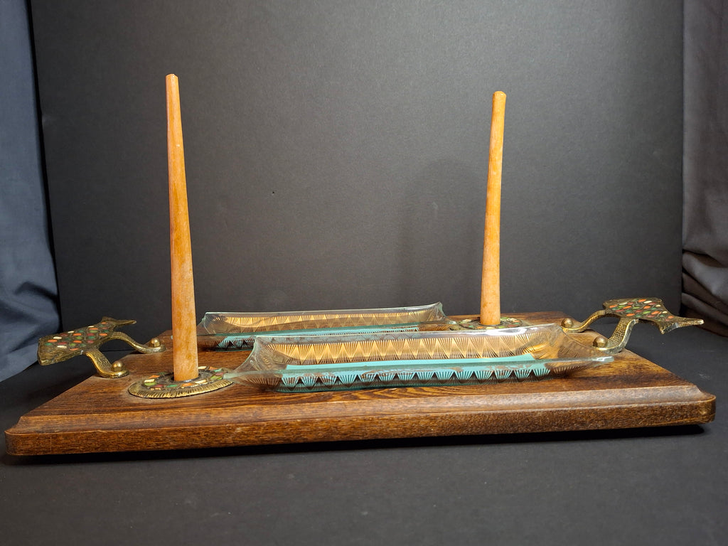 Rare Complete Vintage 1950s Israel Bagel & Lox Serving Set Wood Tray | Enamel Brass Fish Judaica