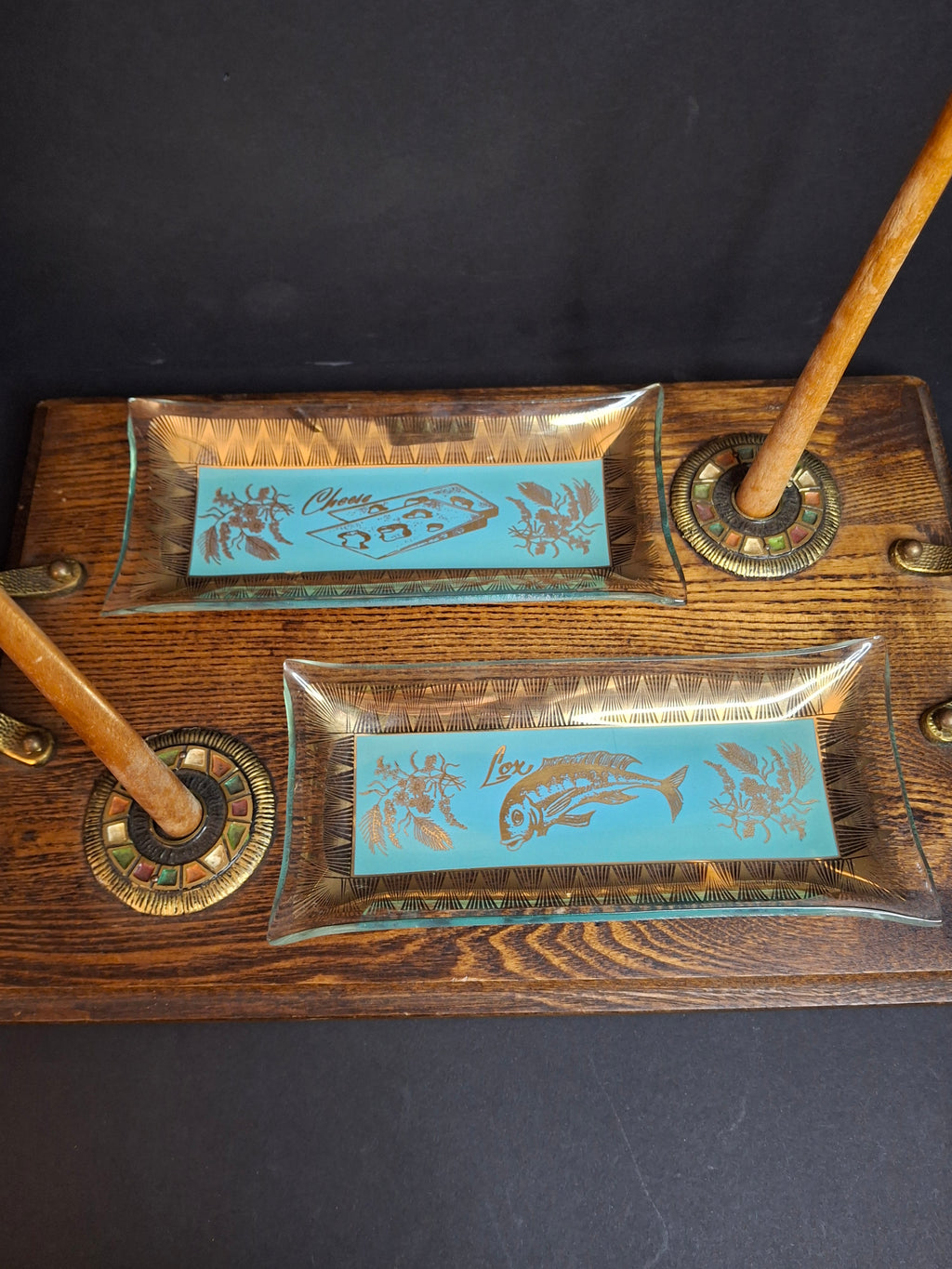Rare Complete Vintage 1950s Israel Bagel & Lox Serving Set Wood Tray | Enamel Brass Fish Judaica