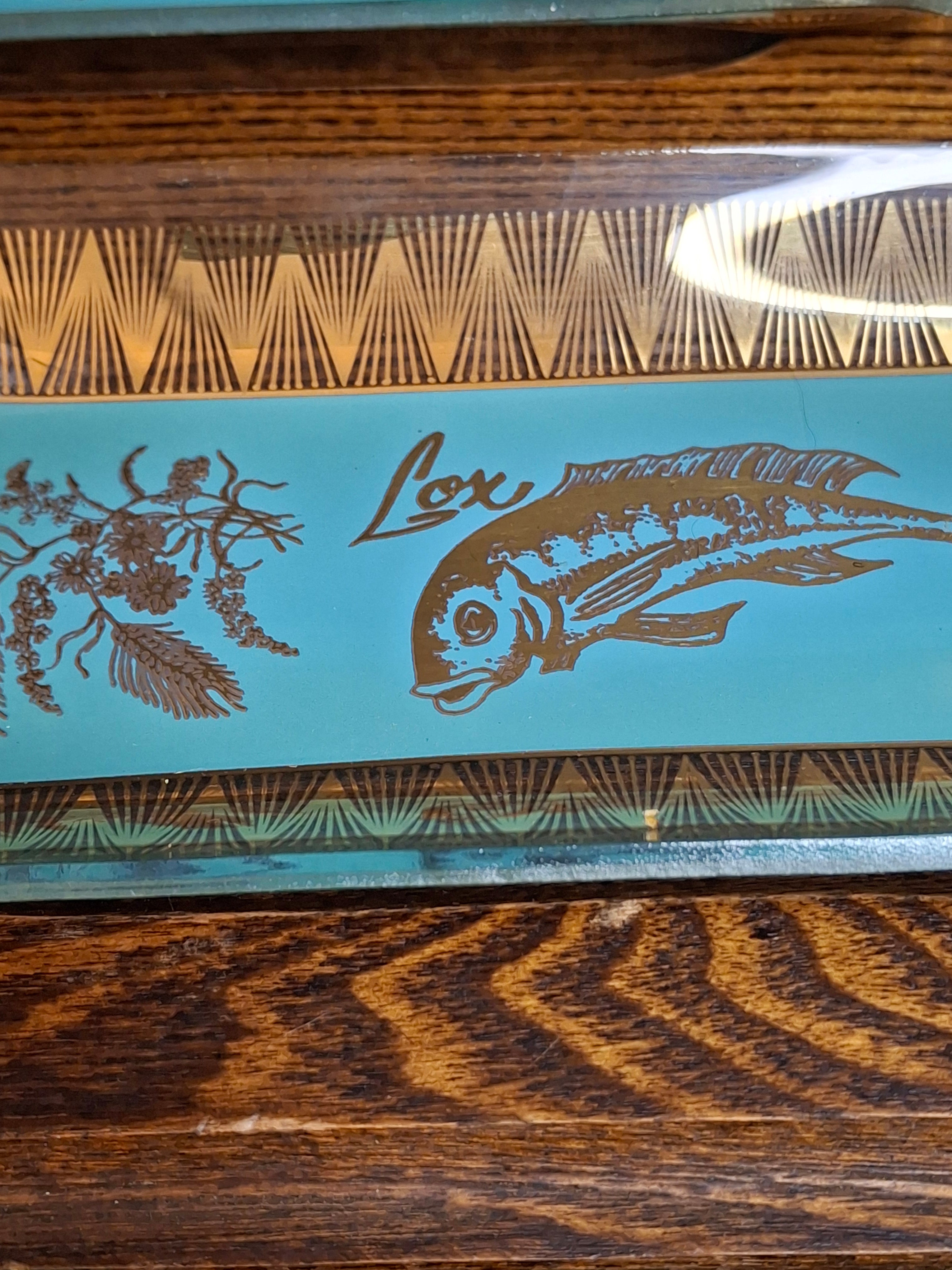 Rare Complete Vintage 1950s Israel Bagel & Lox Serving Set Wood Tray | Enamel Brass Fish Judaica