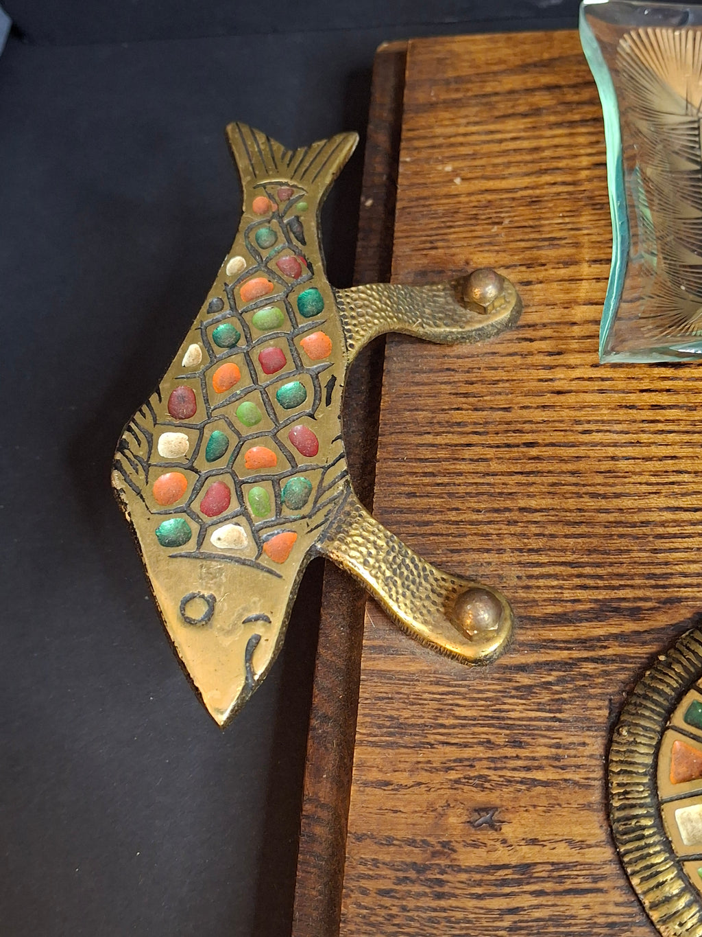 Rare Complete Vintage 1950s Israel Bagel & Lox Serving Set Wood Tray | Enamel Brass Fish Judaica