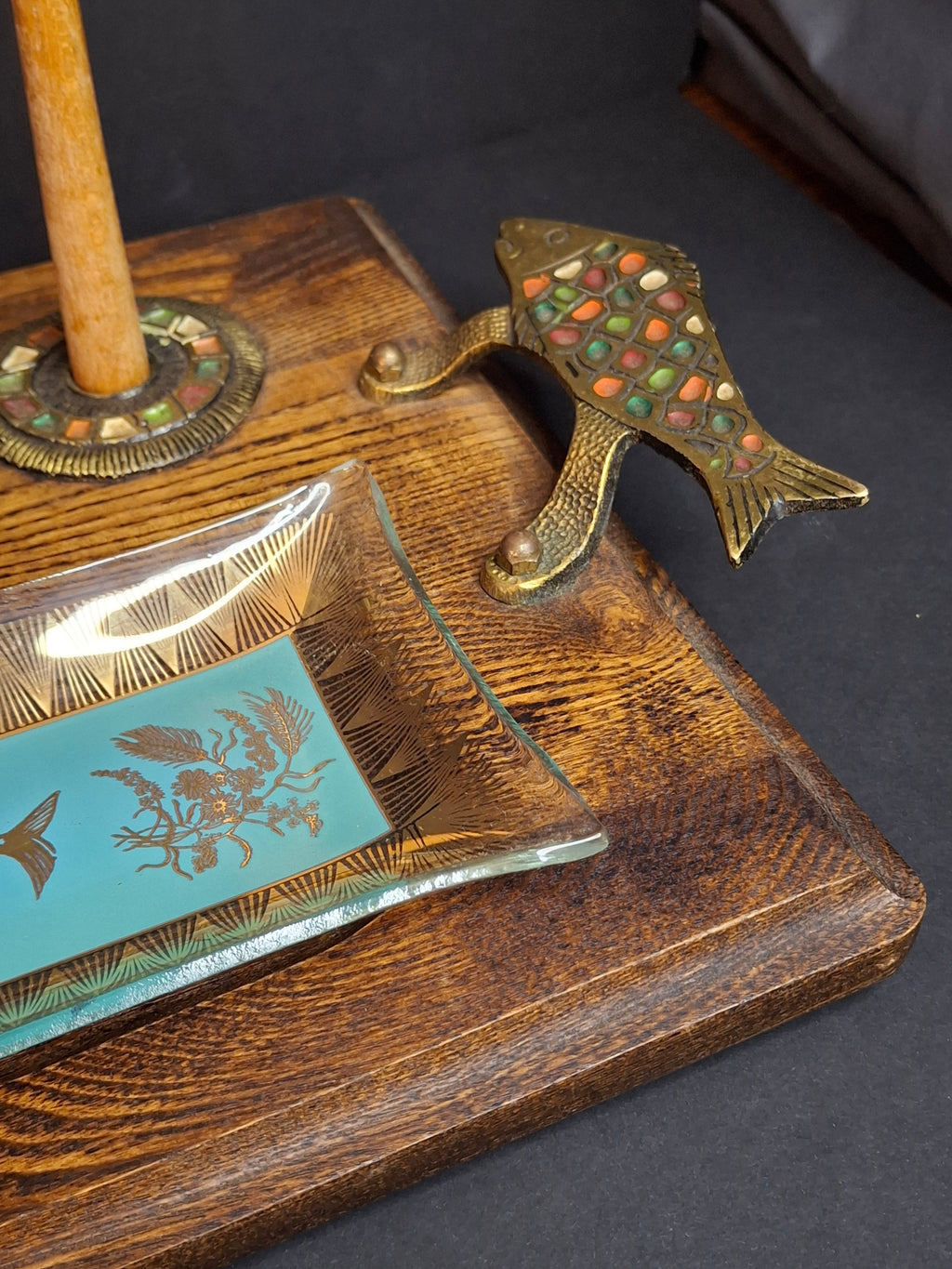 Rare Complete Vintage 1950s Israel Bagel & Lox Serving Set Wood Tray | Enamel Brass Fish Judaica