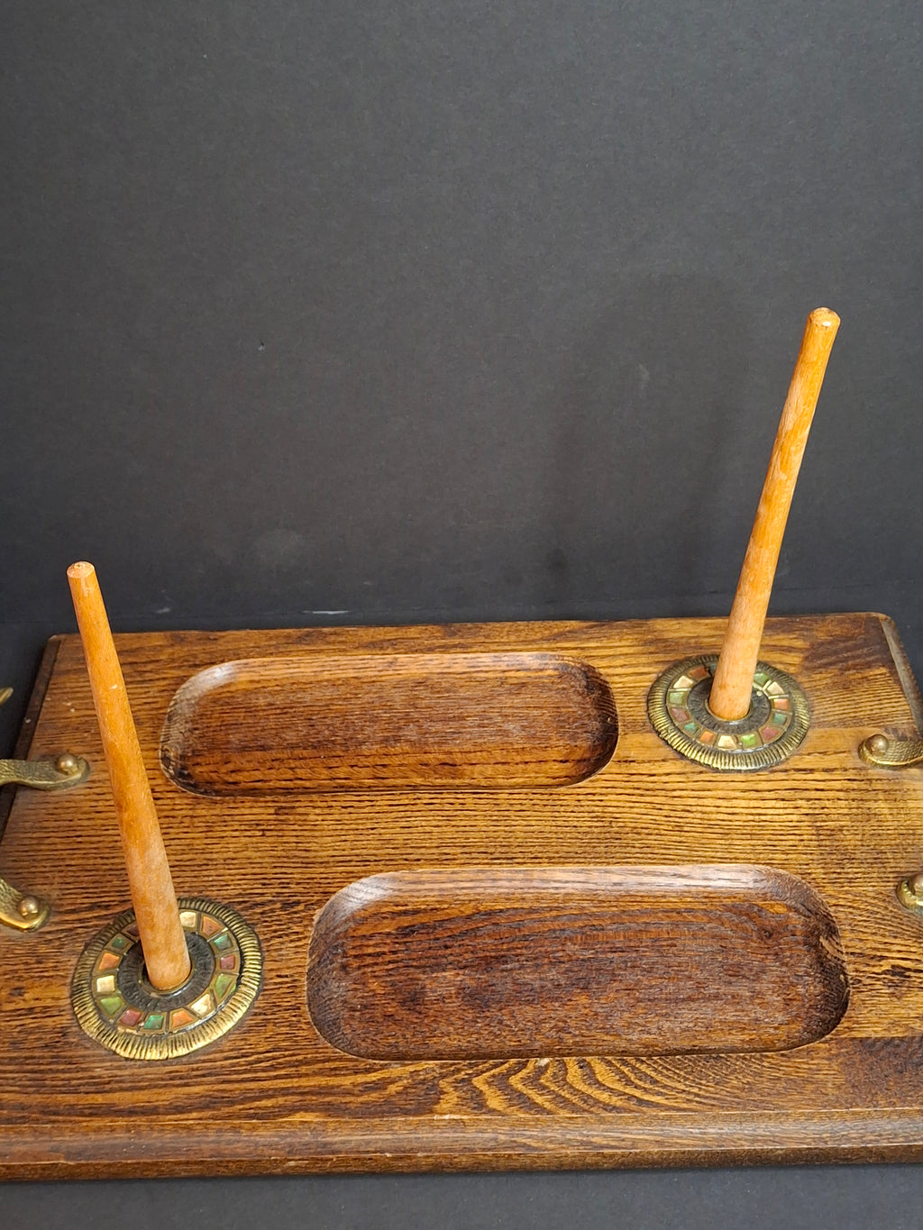 Rare Complete Vintage 1950s Israel Bagel & Lox Serving Set Wood Tray | Enamel Brass Fish Judaica