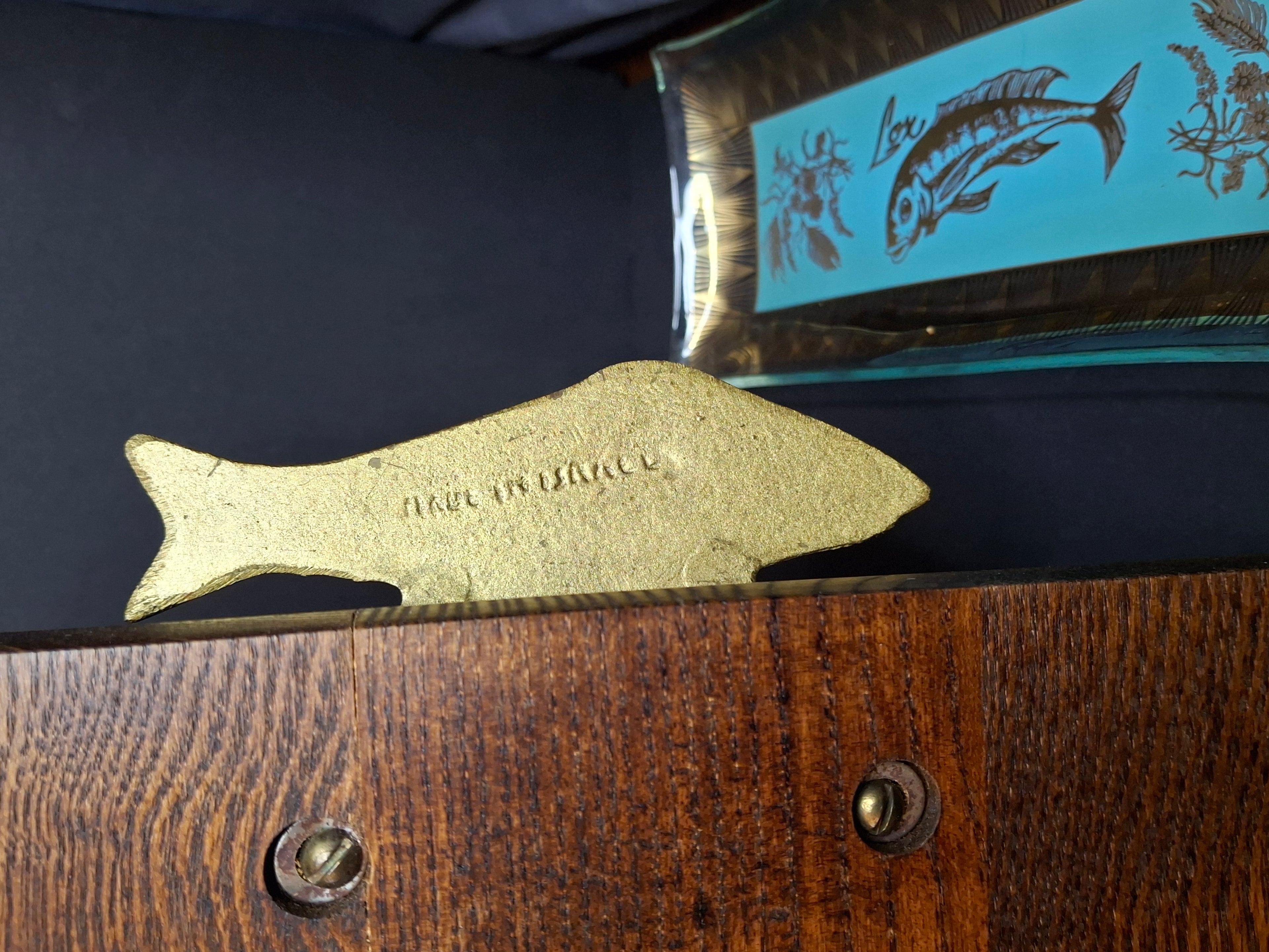 Rare Complete Vintage 1950s Israel Bagel & Lox Serving Set Wood Tray | Enamel Brass Fish Judaica