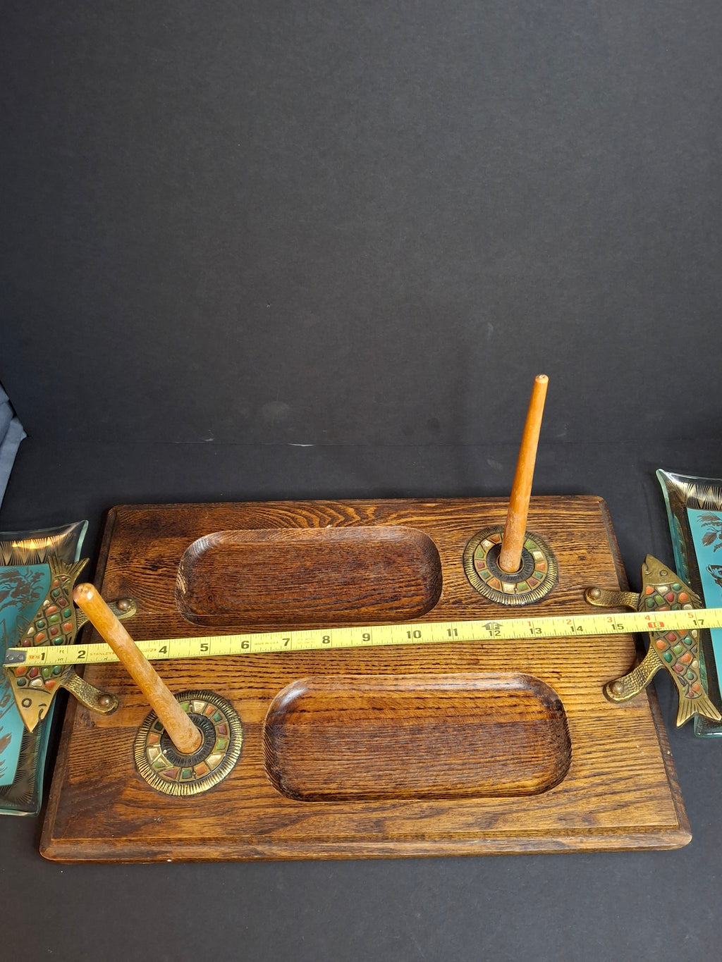 Rare Complete Vintage 1950s Israel Bagel & Lox Serving Set Wood Tray | Enamel Brass Fish Judaica