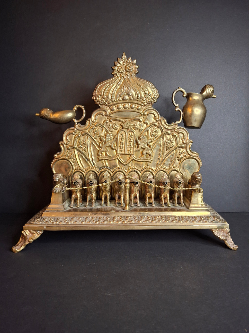 Antique European Brass Lion Menorah Rare 19th Century Hinged Oil Lamp Hanukkah Chanukiah Judaica