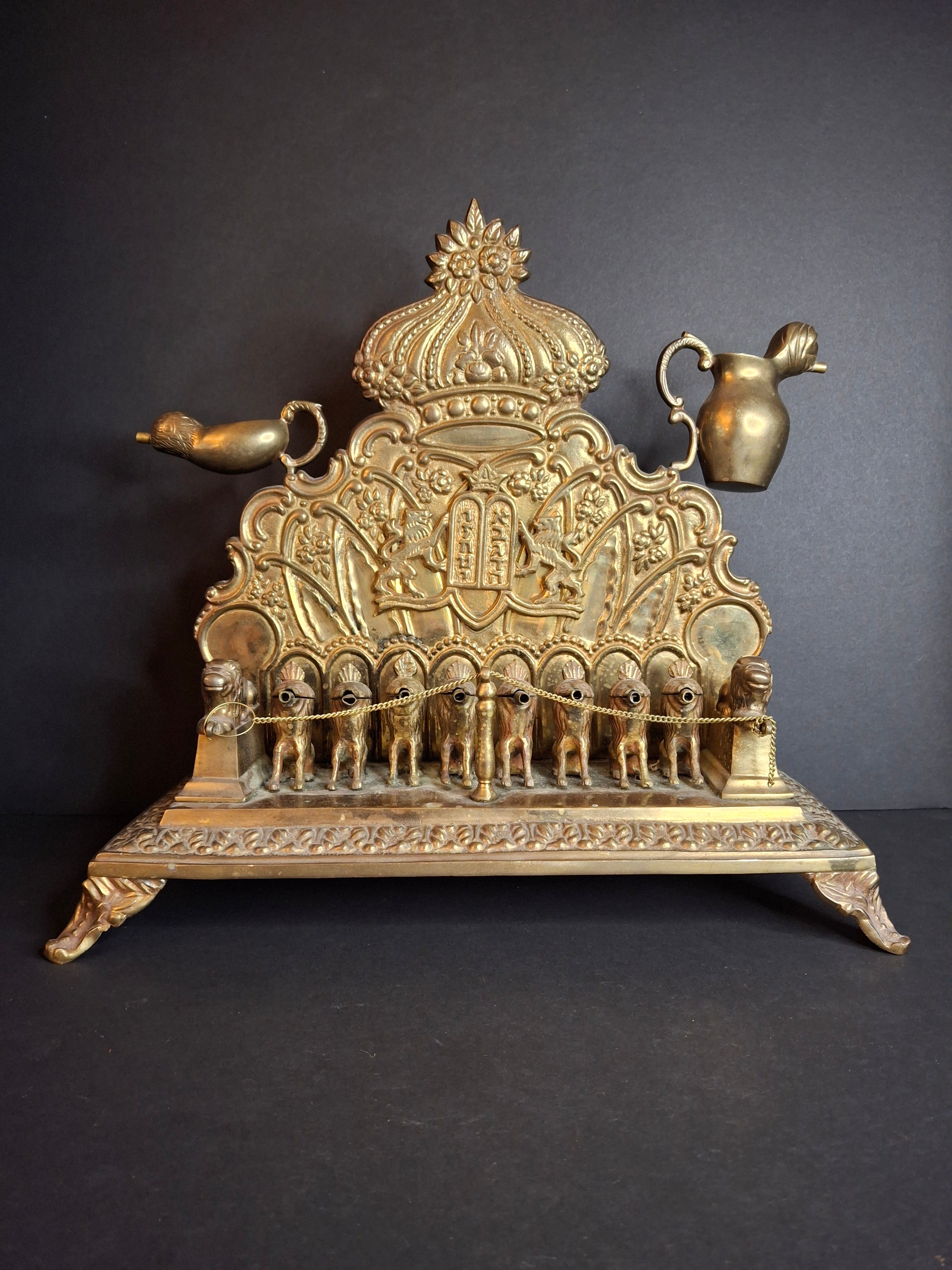 Antique European Brass Lion Menorah Rare 19th Century Hinged Oil Lamp Hanukkah Chanukiah Judaica