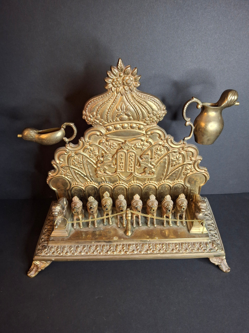 Antique European Brass Lion Menorah Rare 19th Century Hinged Oil Lamp Hanukkah Chanukiah Judaica