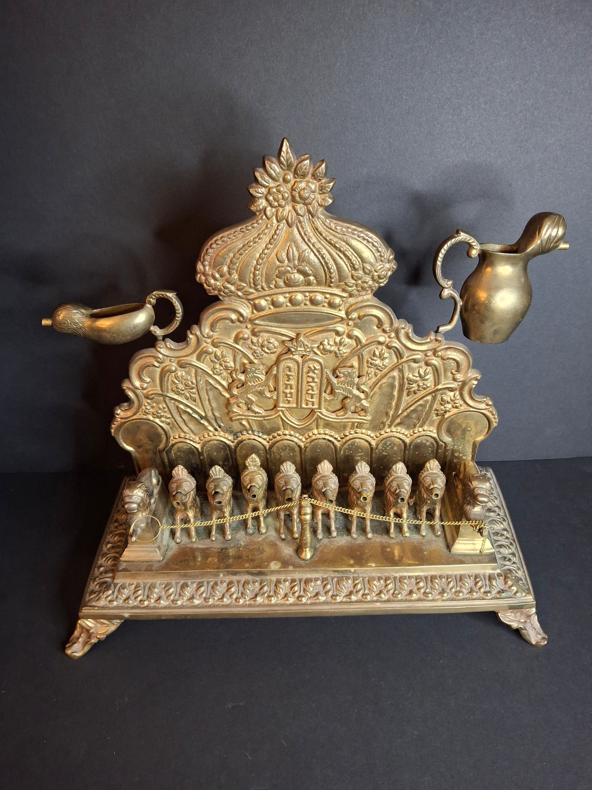 Antique European Brass Lion Menorah Rare 19th Century Hinged Oil Lamp Hanukkah Chanukiah Judaica