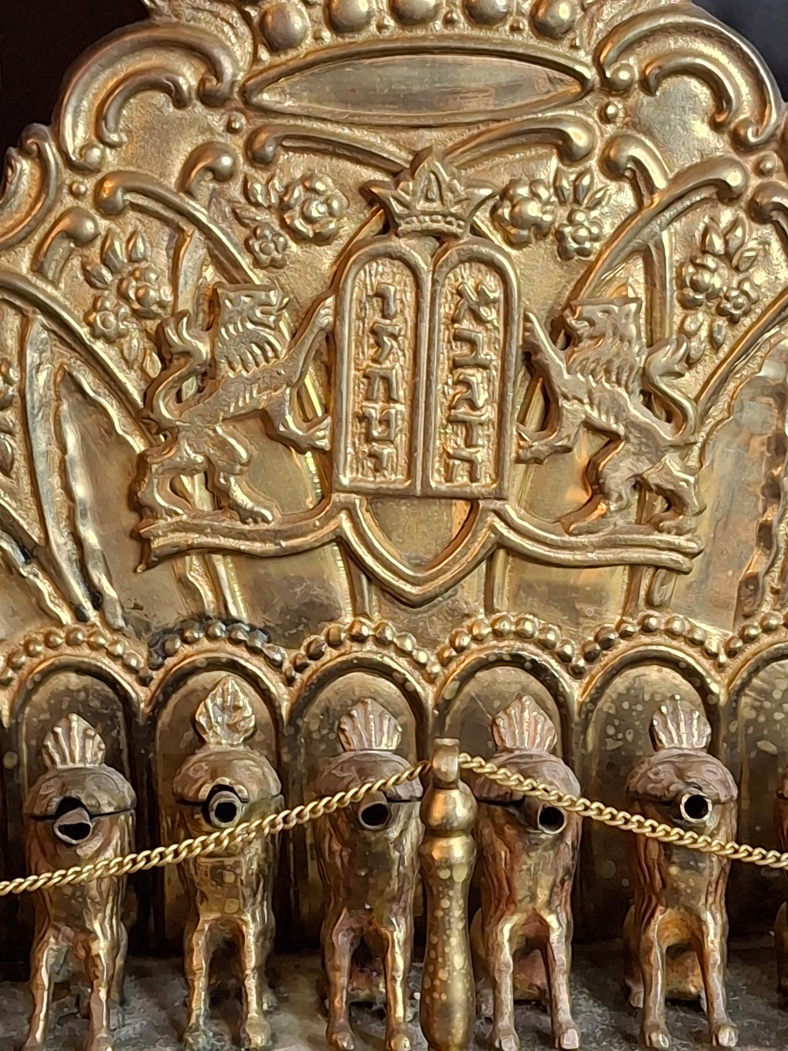 Antique European Brass Lion Menorah Rare 19th Century Hinged Oil Lamp Hanukkah Chanukiah Judaica