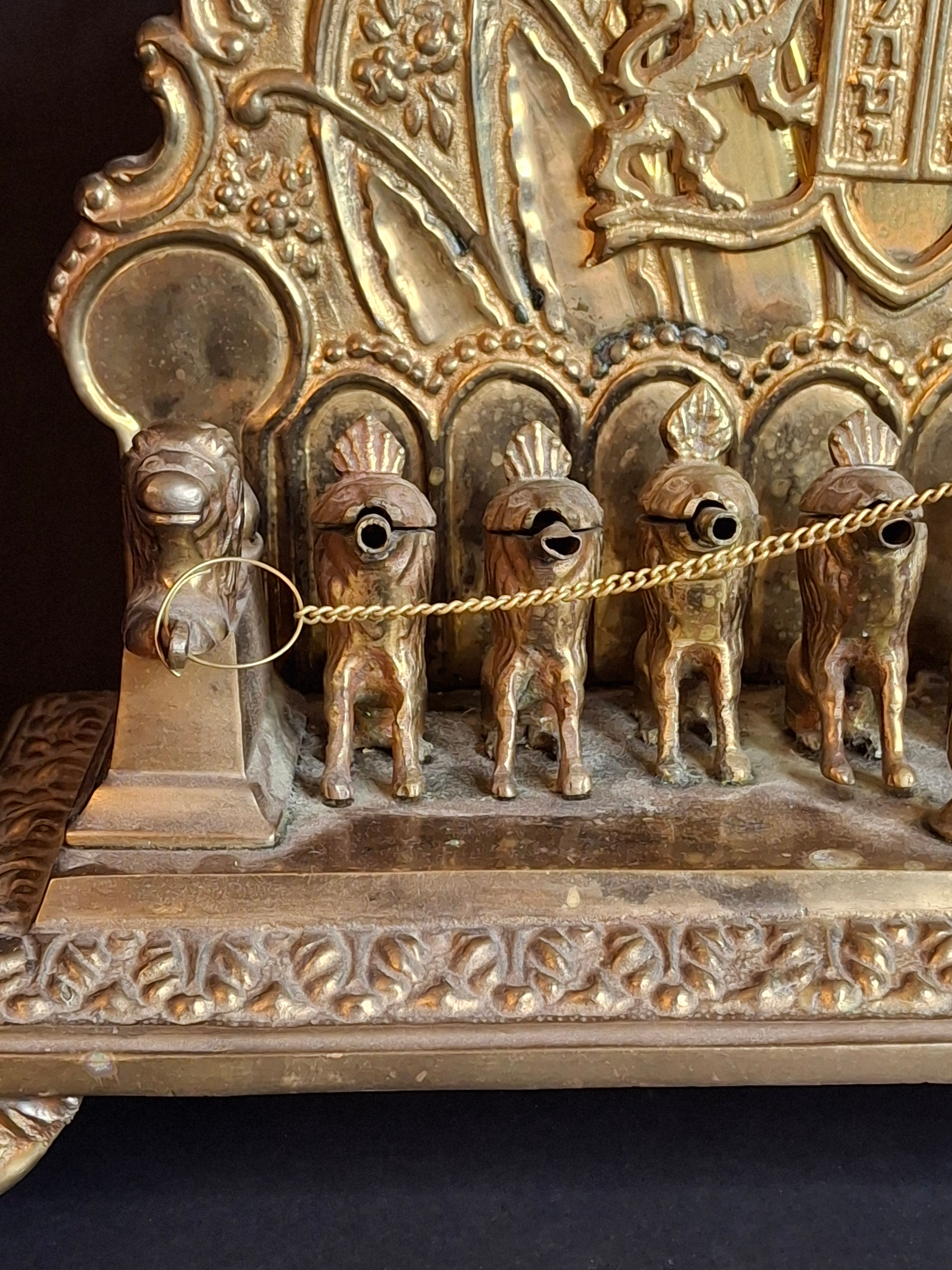 Antique European Brass Lion Menorah Rare 19th Century Hinged Oil Lamp Hanukkah Chanukiah Judaica