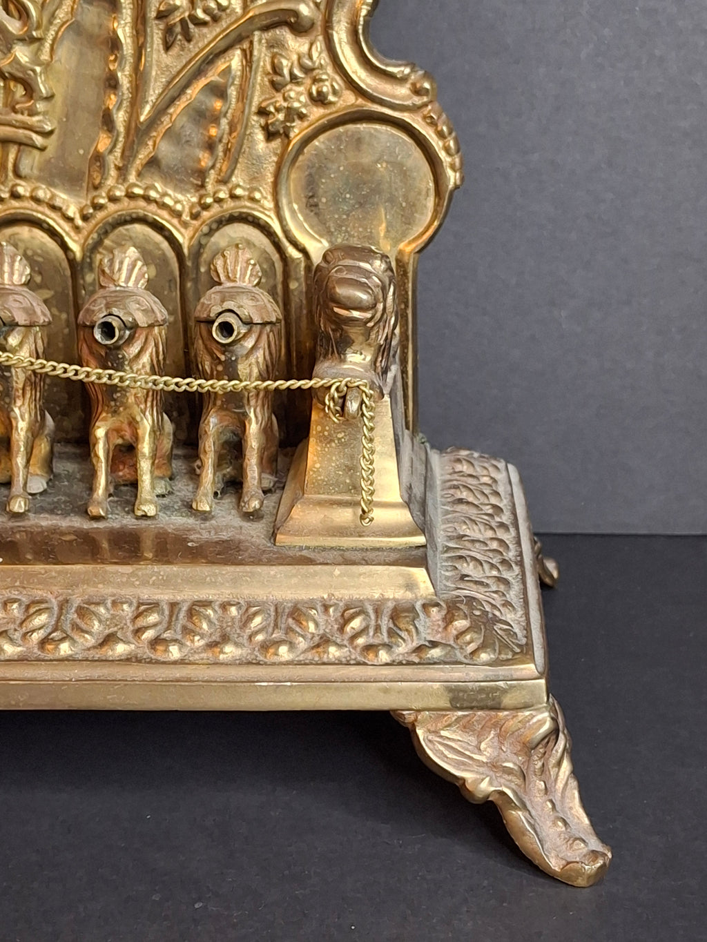 Antique European Brass Lion Menorah Rare 19th Century Hinged Oil Lamp Hanukkah Chanukiah Judaica