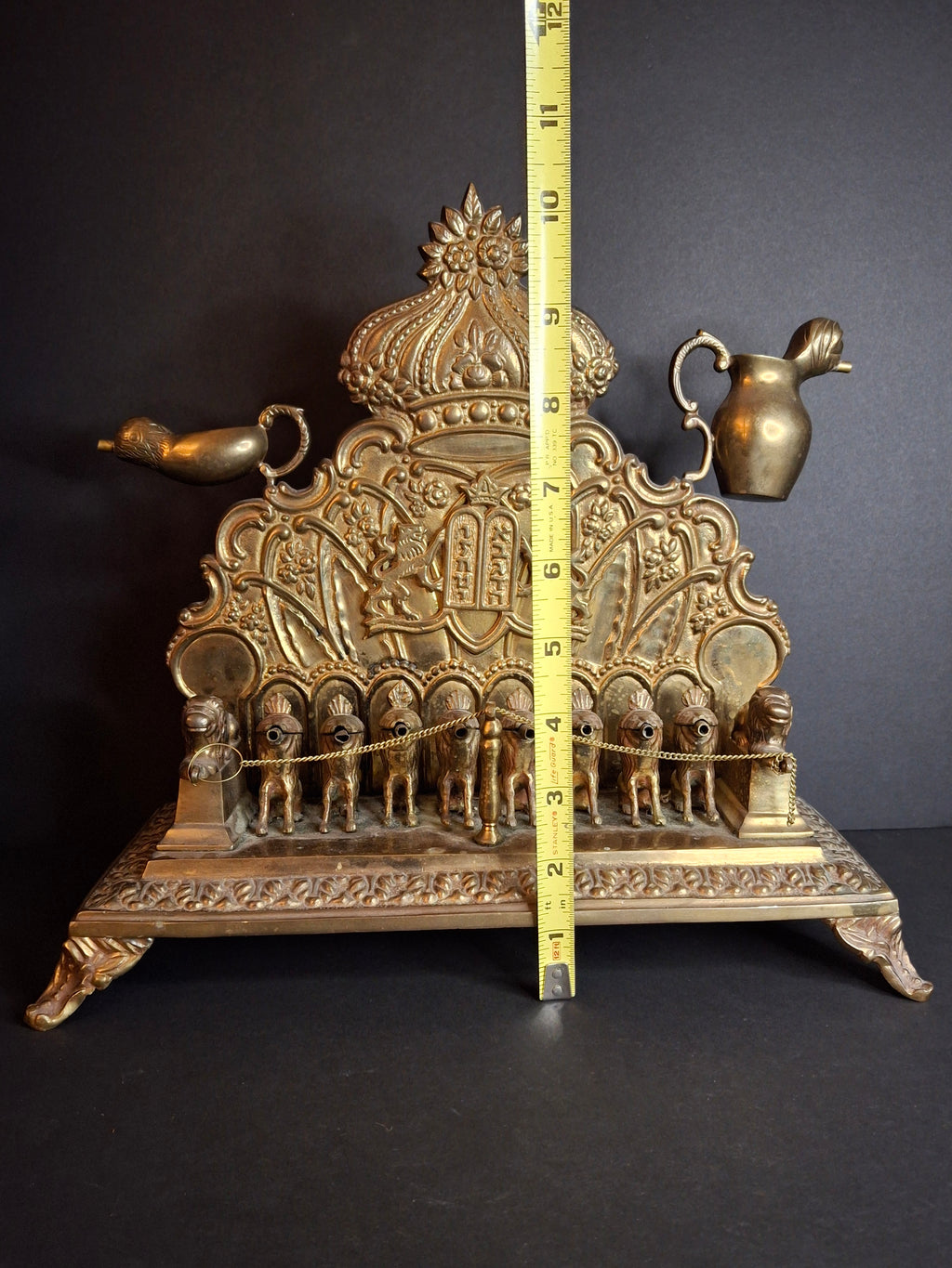 Antique European Brass Lion Menorah Rare 19th Century Hinged Oil Lamp Hanukkah Chanukiah Judaica