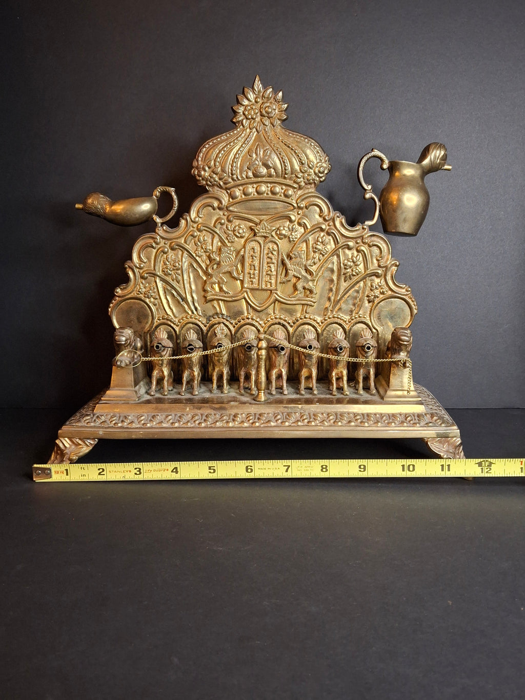 Antique European Brass Lion Menorah Rare 19th Century Hinged Oil Lamp Hanukkah Chanukiah Judaica