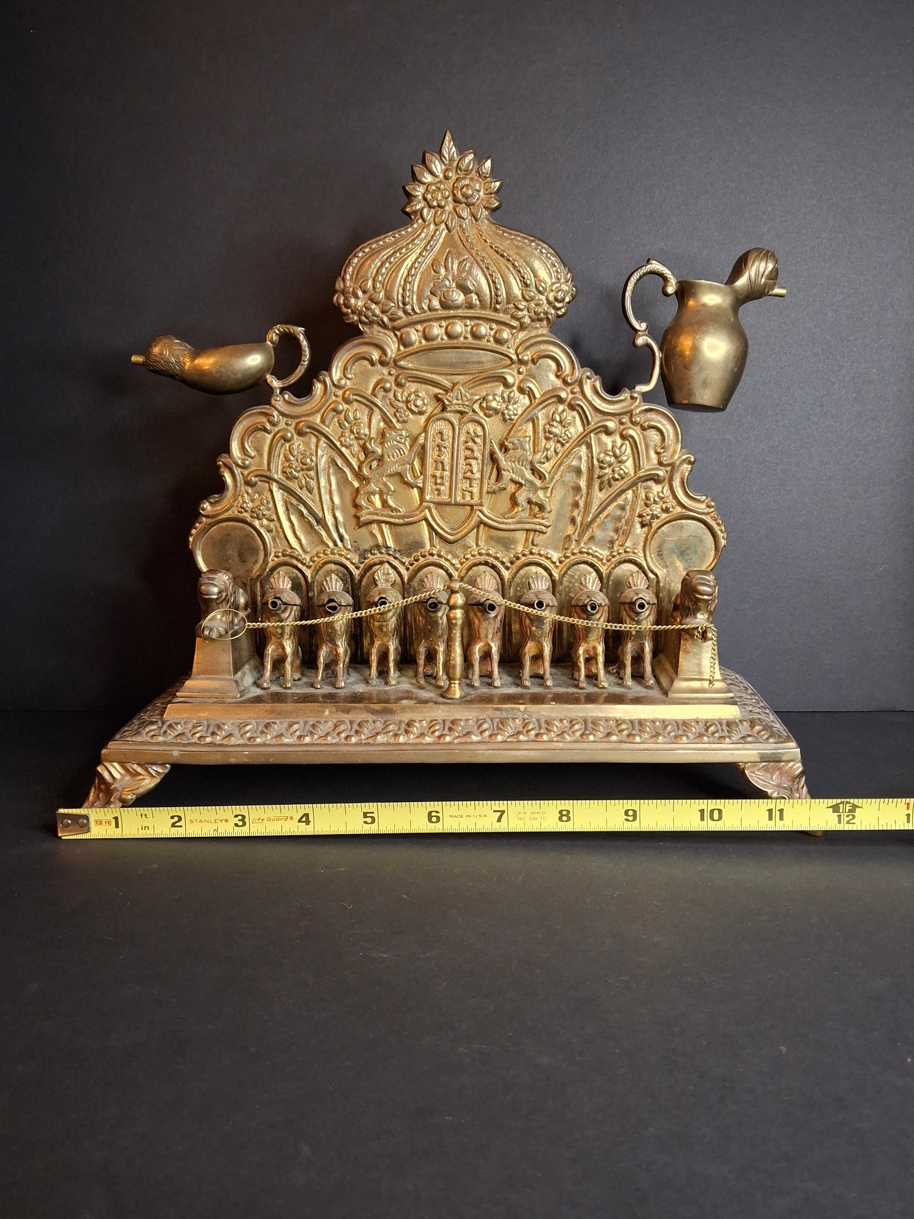 Antique European Brass Lion Menorah Rare 19th Century Hinged Oil Lamp Hanukkah Chanukiah Judaica