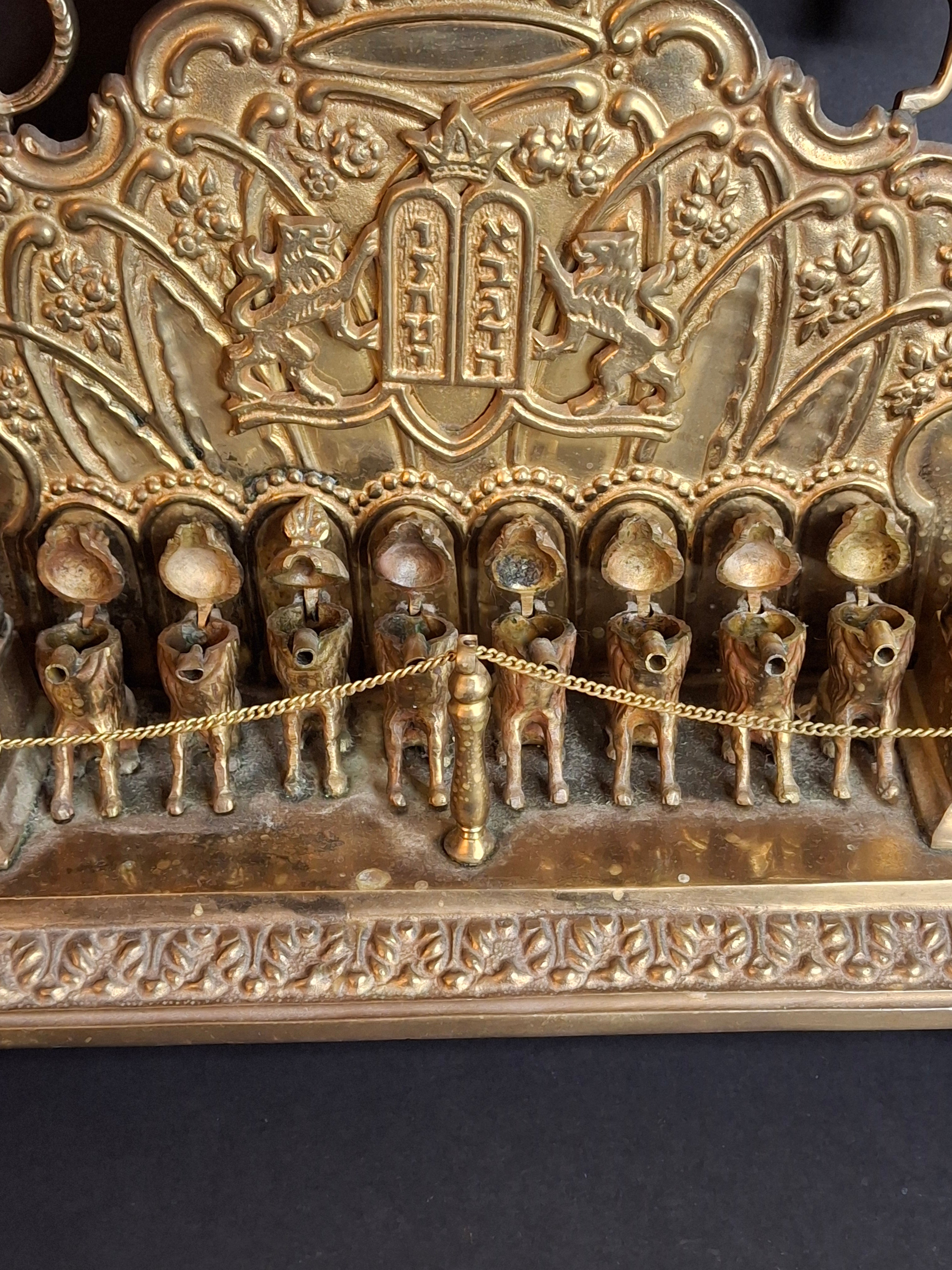 Antique European Brass Lion Menorah Rare 19th Century Hinged Oil Lamp Hanukkah Chanukiah Judaica