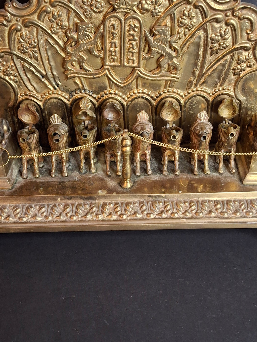 Antique European Brass Lion Menorah Rare 19th Century Hinged Oil Lamp Hanukkah Chanukiah Judaica