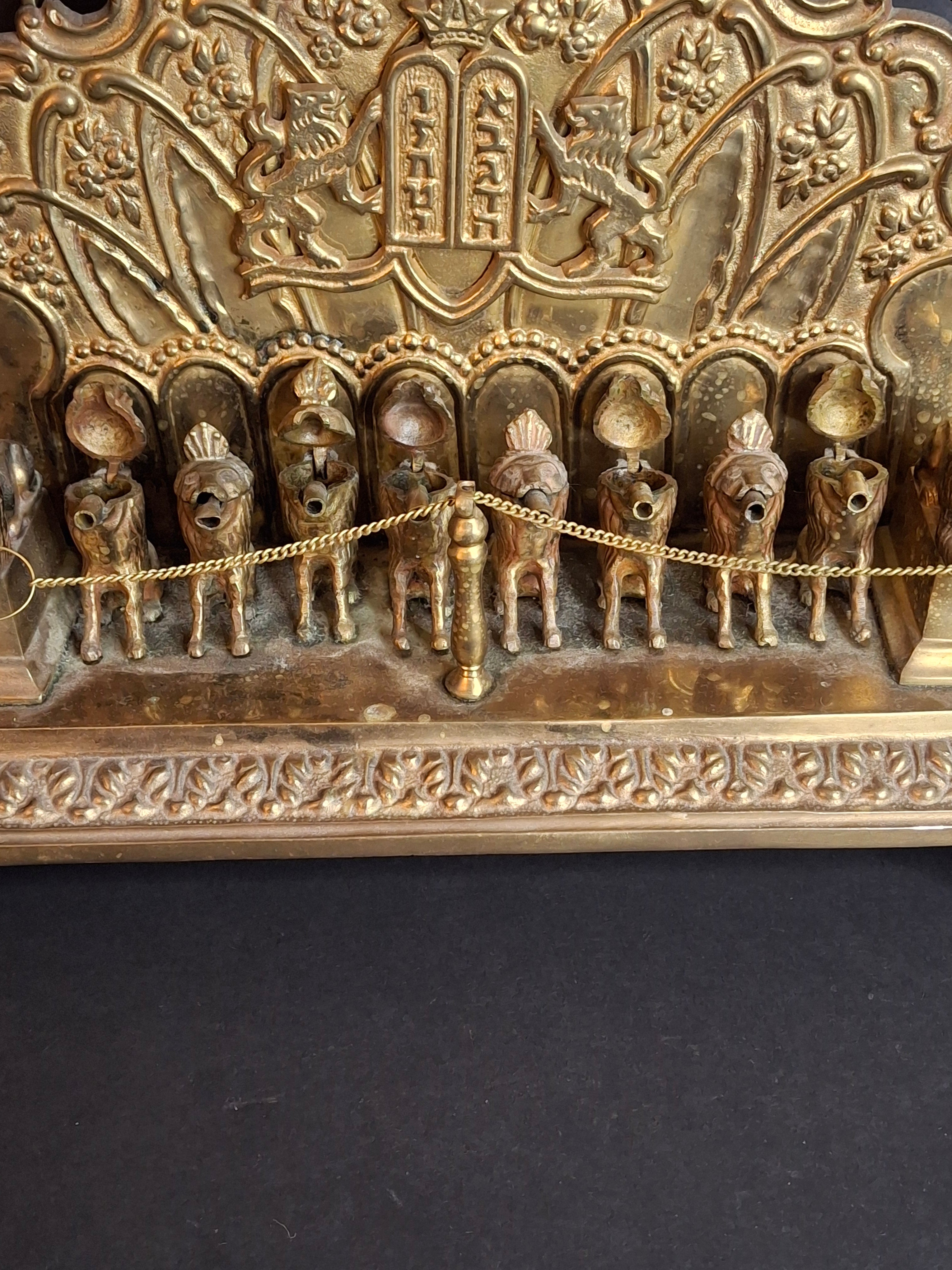 Antique European Brass Lion Menorah Rare 19th Century Hinged Oil Lamp Hanukkah Chanukiah Judaica
