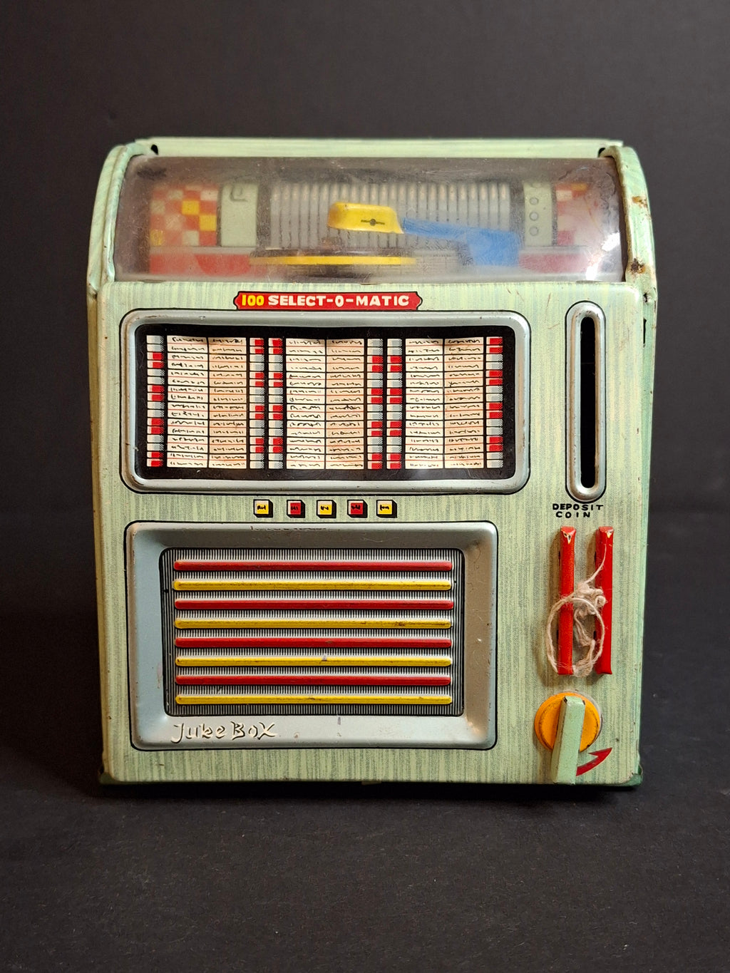 Vintage 1950s Haji Tin Jukebox Wind-Up Functional Mechanical Bank Toy Japan 100 Select-O-Matic
