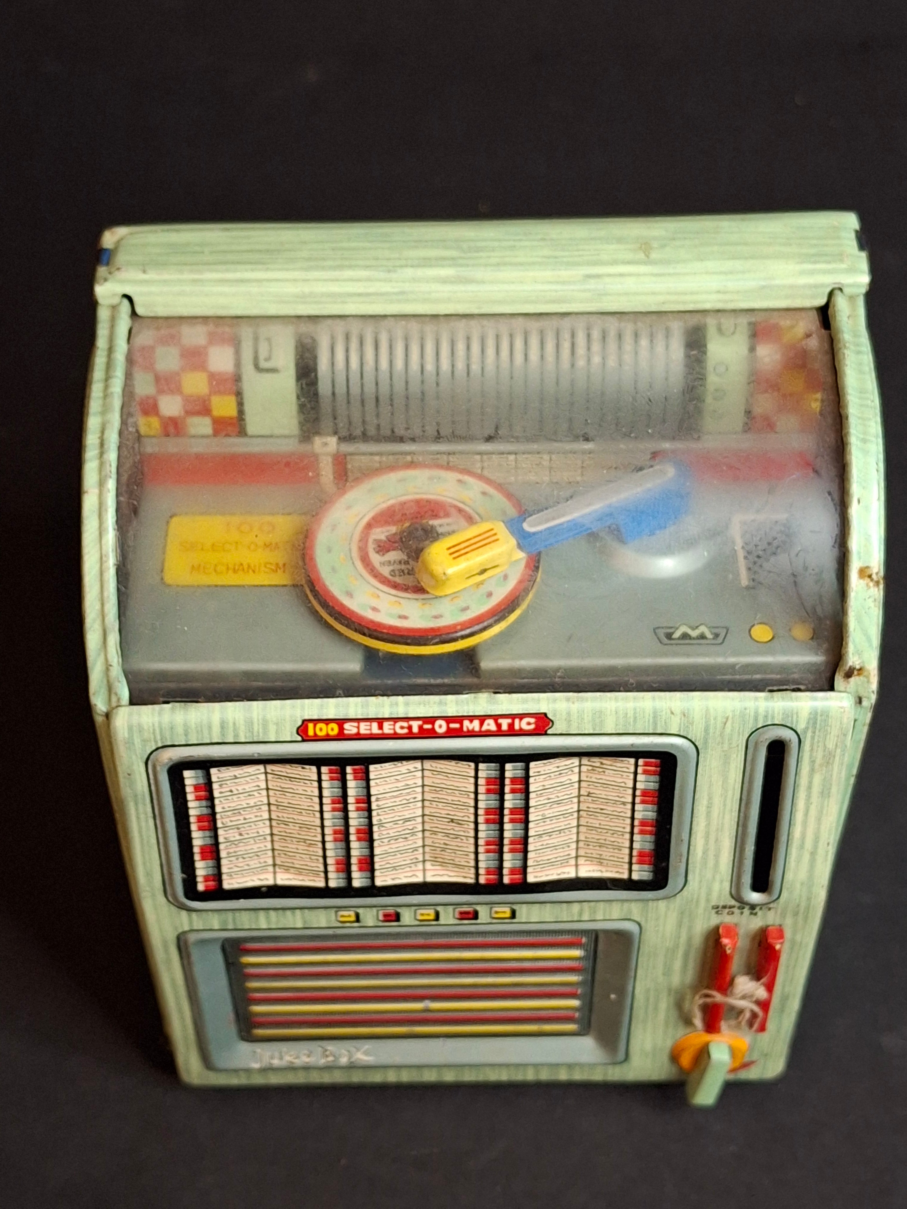 Vintage 1950s Haji Tin Jukebox Wind-Up Functional Mechanical Bank Toy Japan 100 Select-O-Matic
