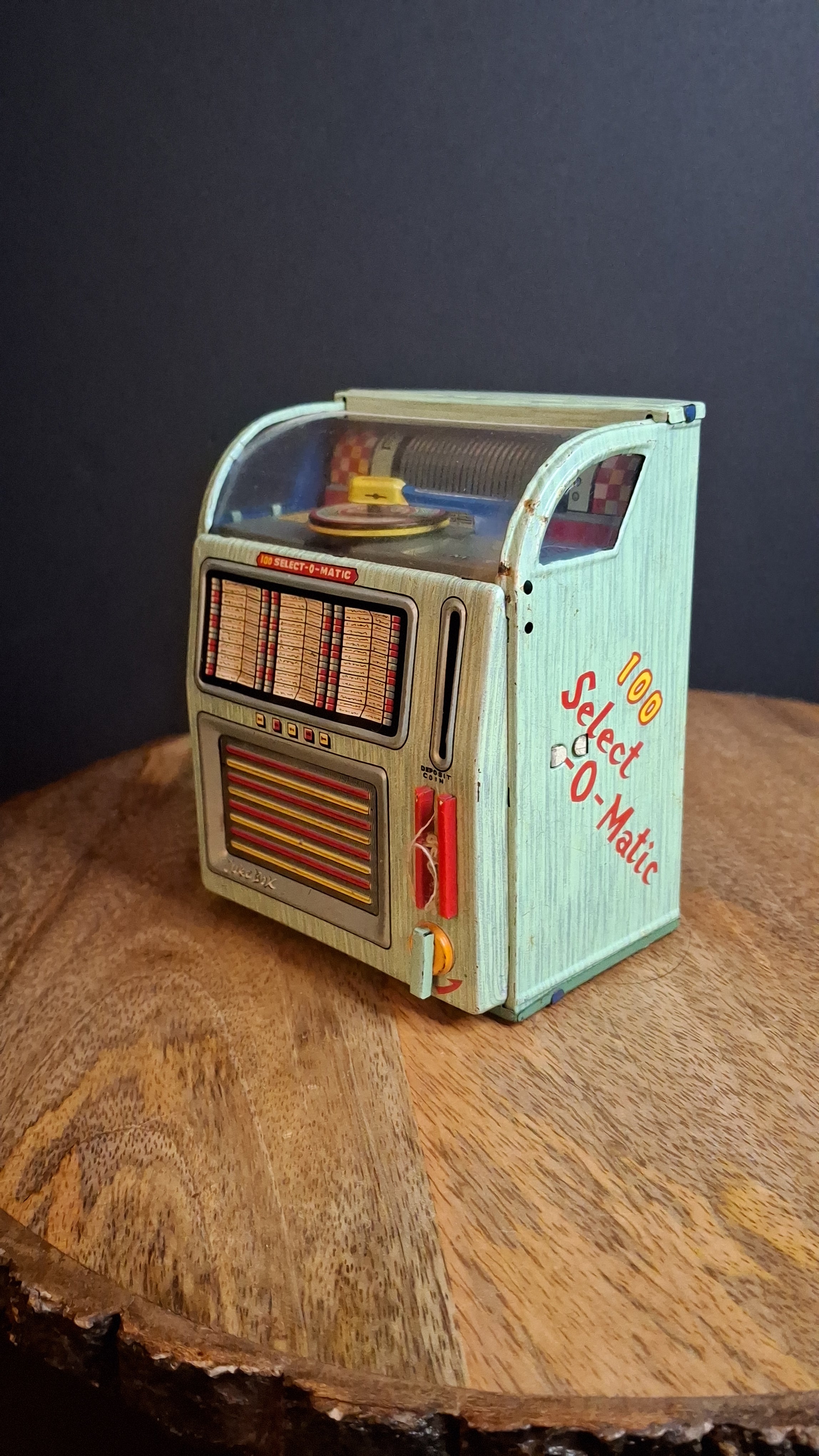 Vintage 1950s Haji Tin Jukebox Wind-Up Functional Mechanical Bank Toy Japan 100 Select-O-Matic