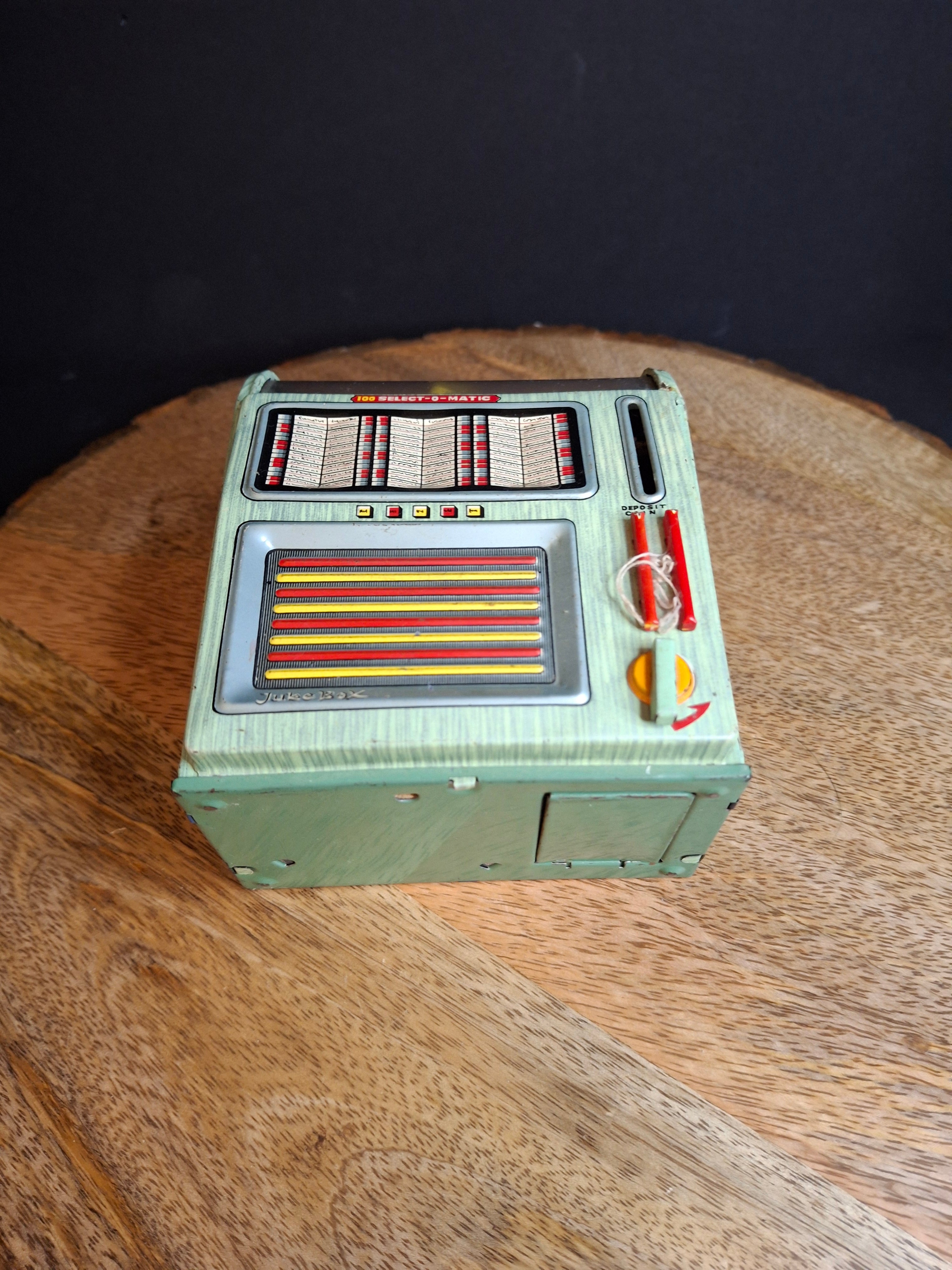 Vintage 1950s Haji Tin Jukebox Wind-Up Functional Mechanical Bank Toy Japan 100 Select-O-Matic