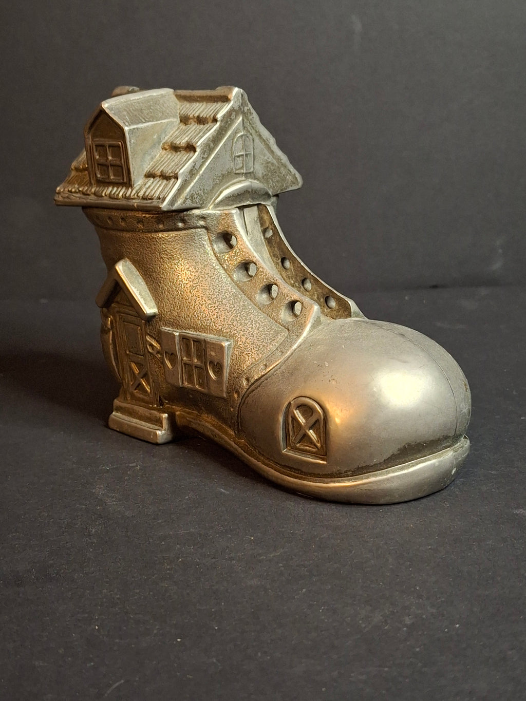 Vintage Pewter Nursery Rhyme Still Coin Bank Old Woman Who Lived in a Shoe Boot House Figural