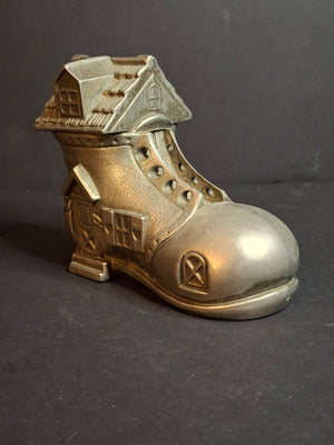 Vintage Pewter Nursery Rhyme Still Coin Bank Old Woman Who Lived in a Shoe Boot House Figural