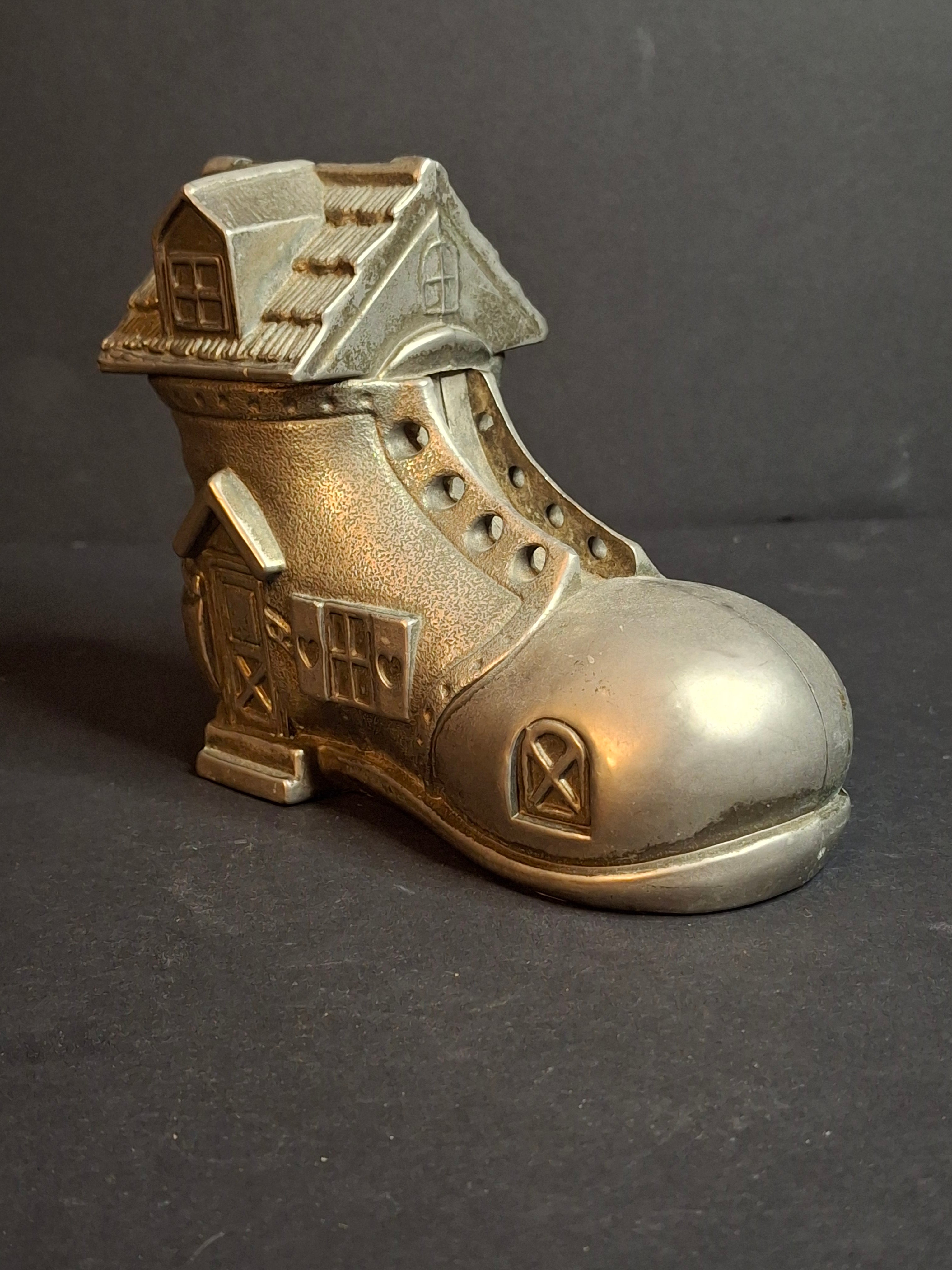 Vintage Pewter Nursery Rhyme Still Coin Bank Old Woman Who Lived in a Shoe Boot House Figural