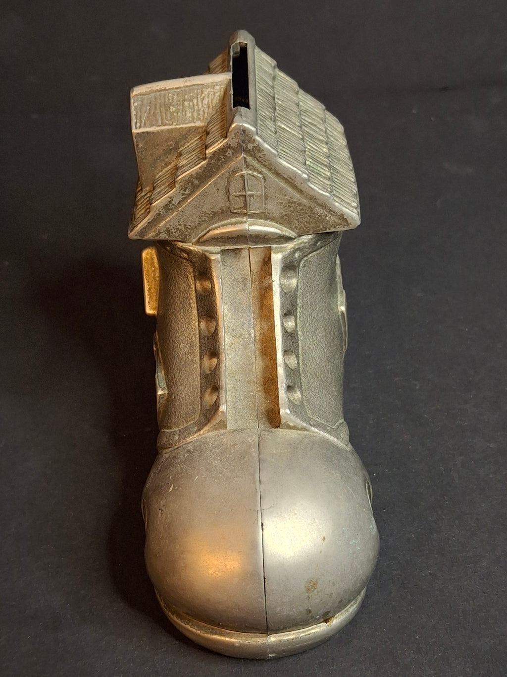 Vintage Pewter Nursery Rhyme Still Coin Bank Old Woman Who Lived in a Shoe Boot House Figural