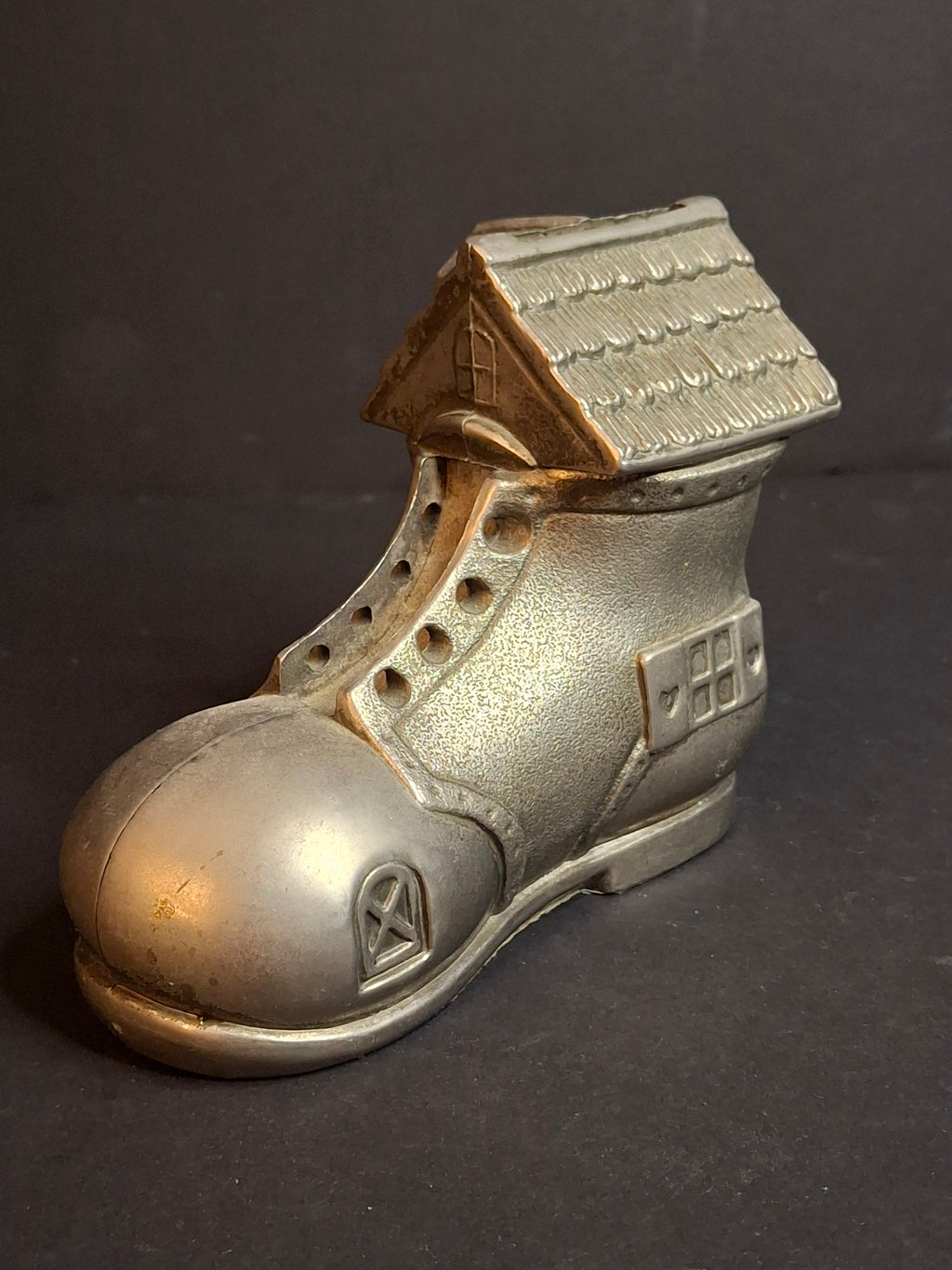 Vintage Pewter Nursery Rhyme Still Coin Bank Old Woman Who Lived in a Shoe Boot House Figural